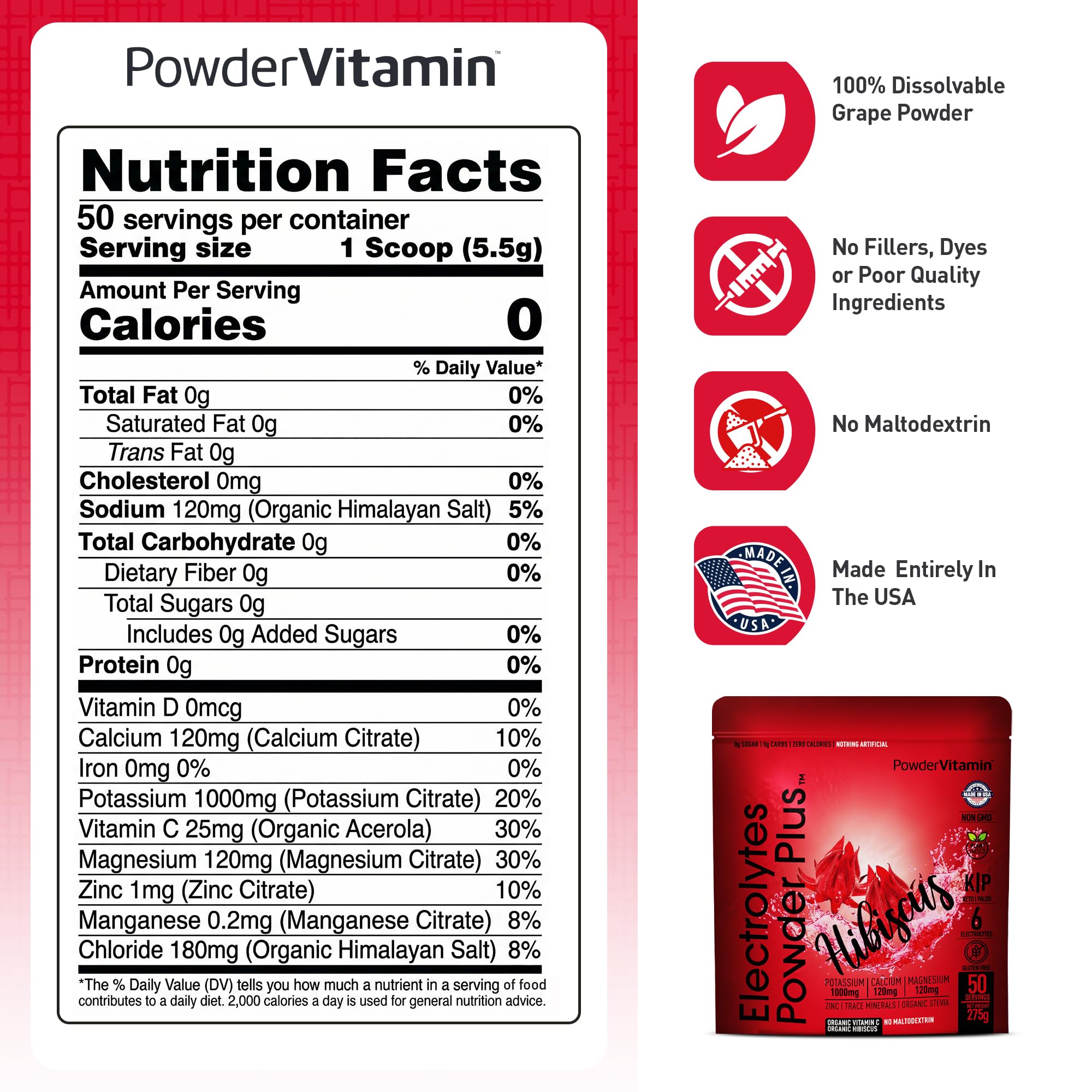 Primer plano de etiqueta PowderVitamin con lista de electrolitos y fórmula limpia