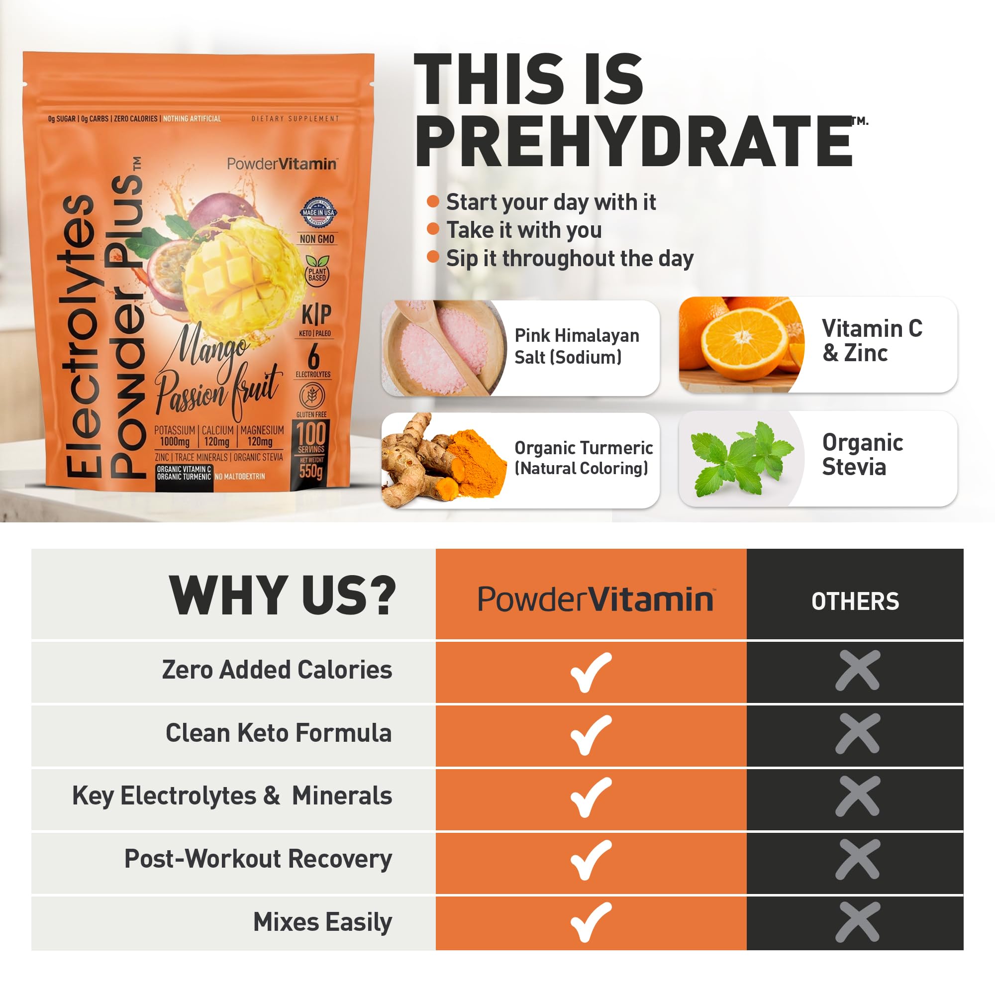 PowderVitamin envase 550g junto a botella para comparar tamaño y rendimiento