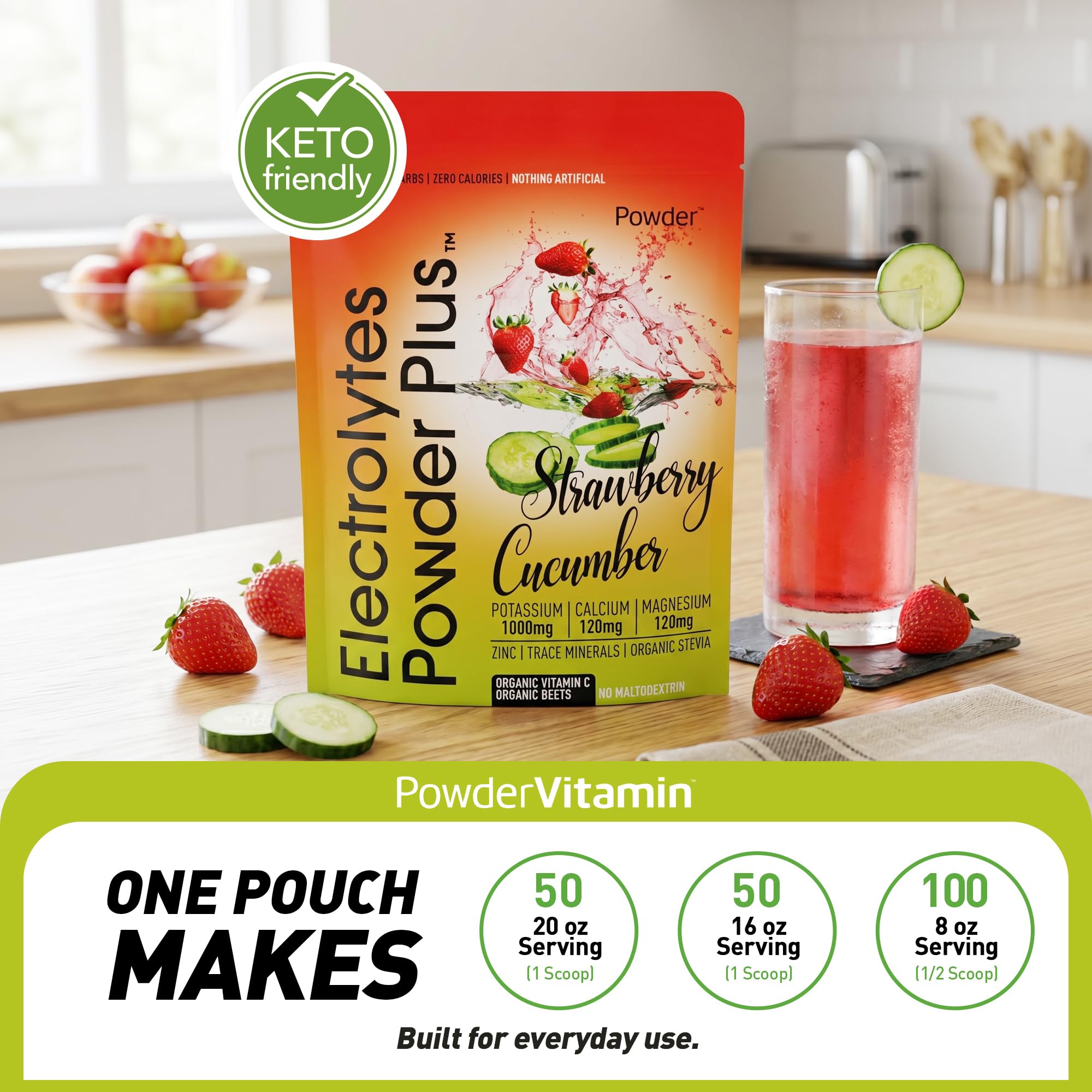 PowderVitamin bolsa junto a regla para comparar tamaño y rendimiento