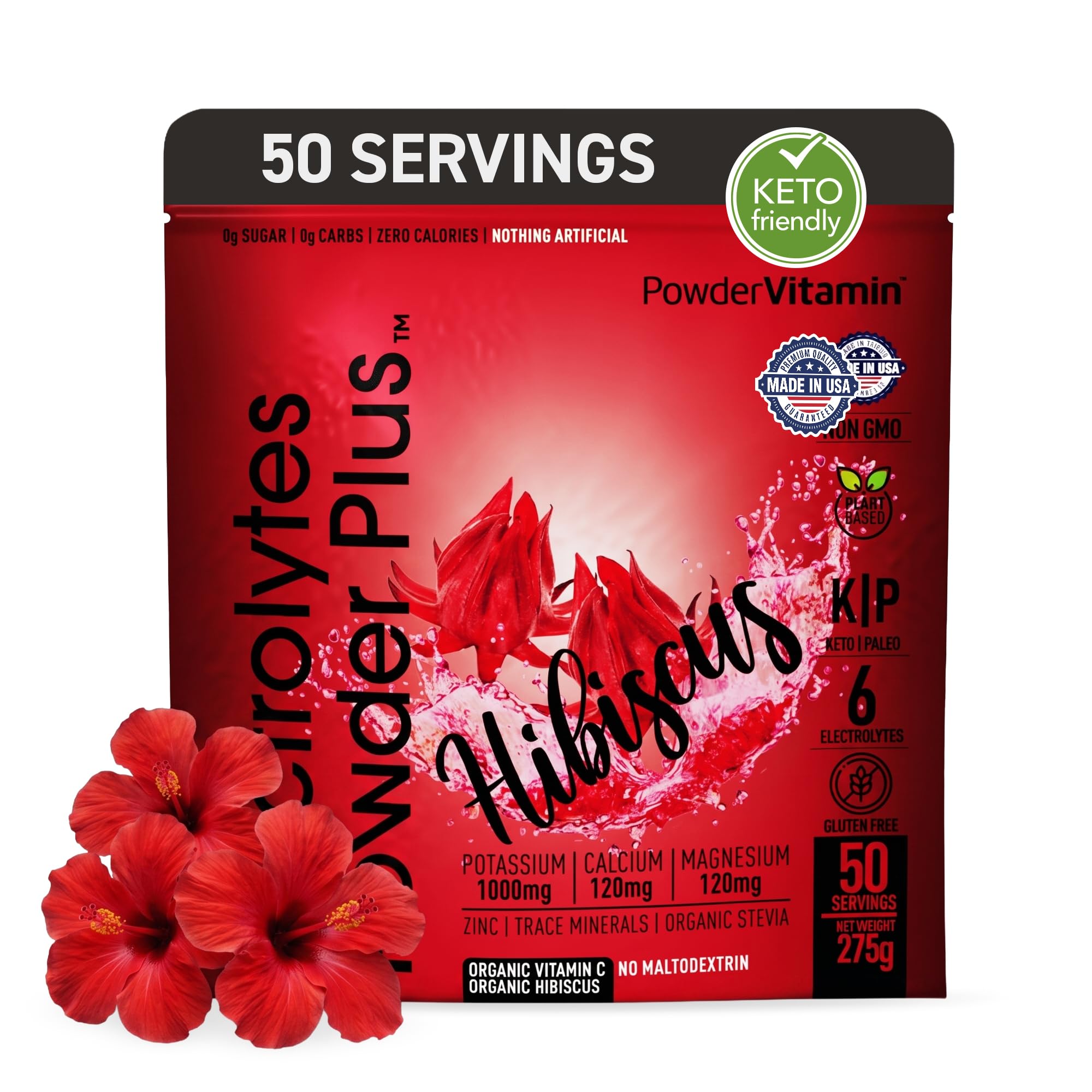 PowderVitamin frente del empaque en sabor hibisco mostrando 50 servicios y beneficios