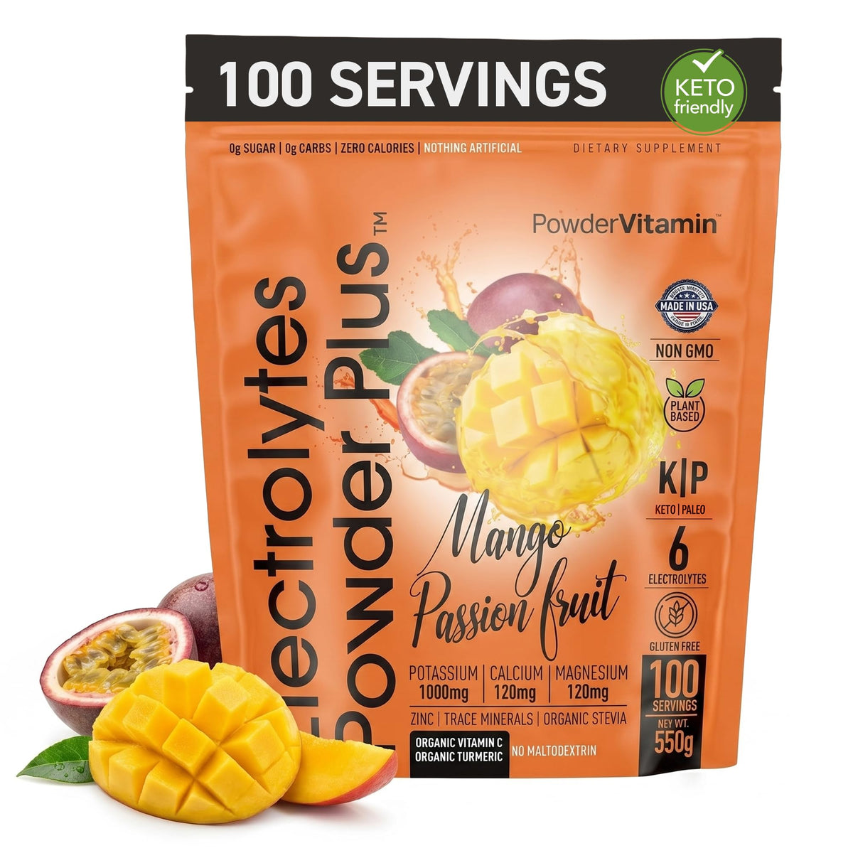 PowderVitamin empaque frontal mango passionfruit mostrando 100 porciones y beneficios