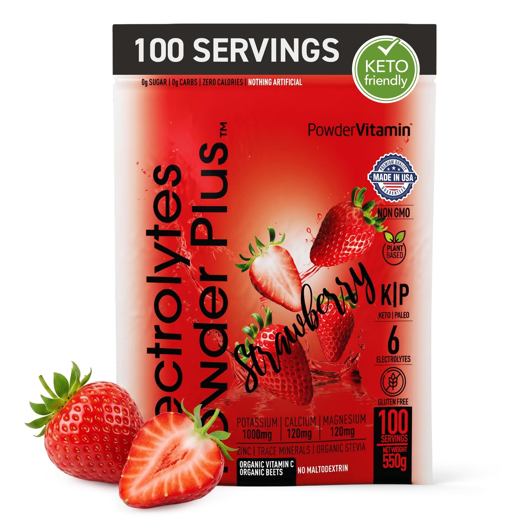 PowderVitamin envase frontal mostrando el sabor fresa y beneficios