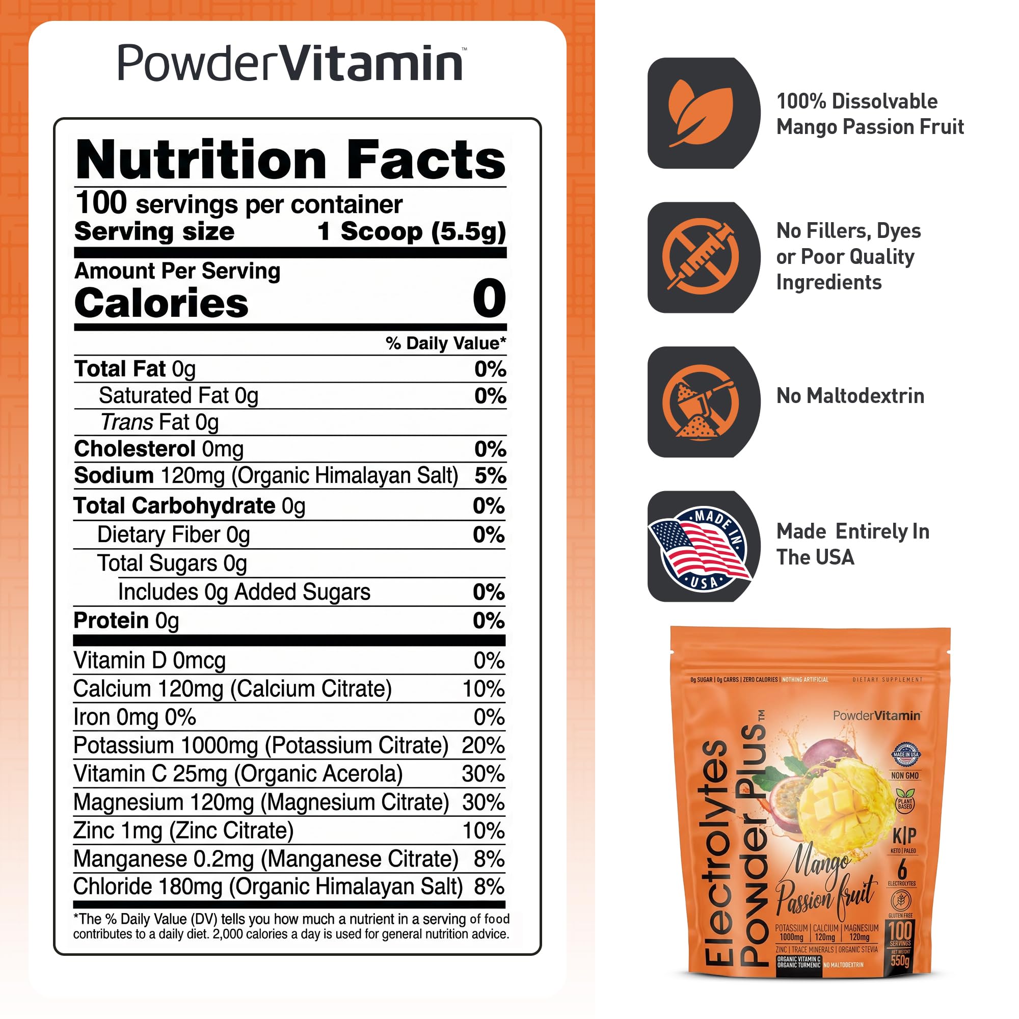 PowderVitamin cucharada con porción para medir 20 oz por ración rápida