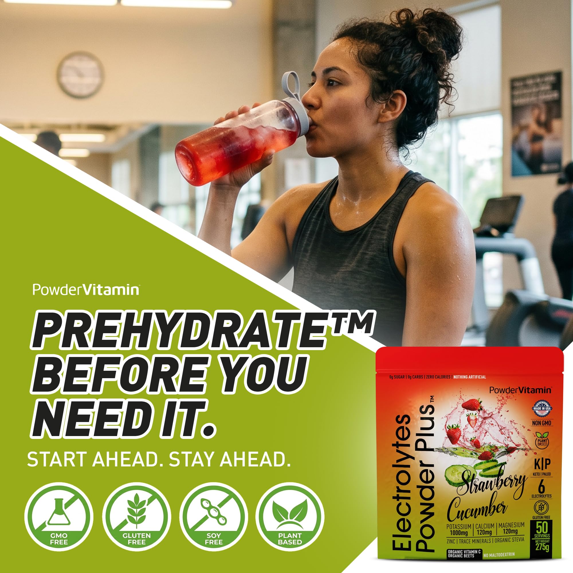 PowderVitamin vaso con bebida fresa pepino listo para beber