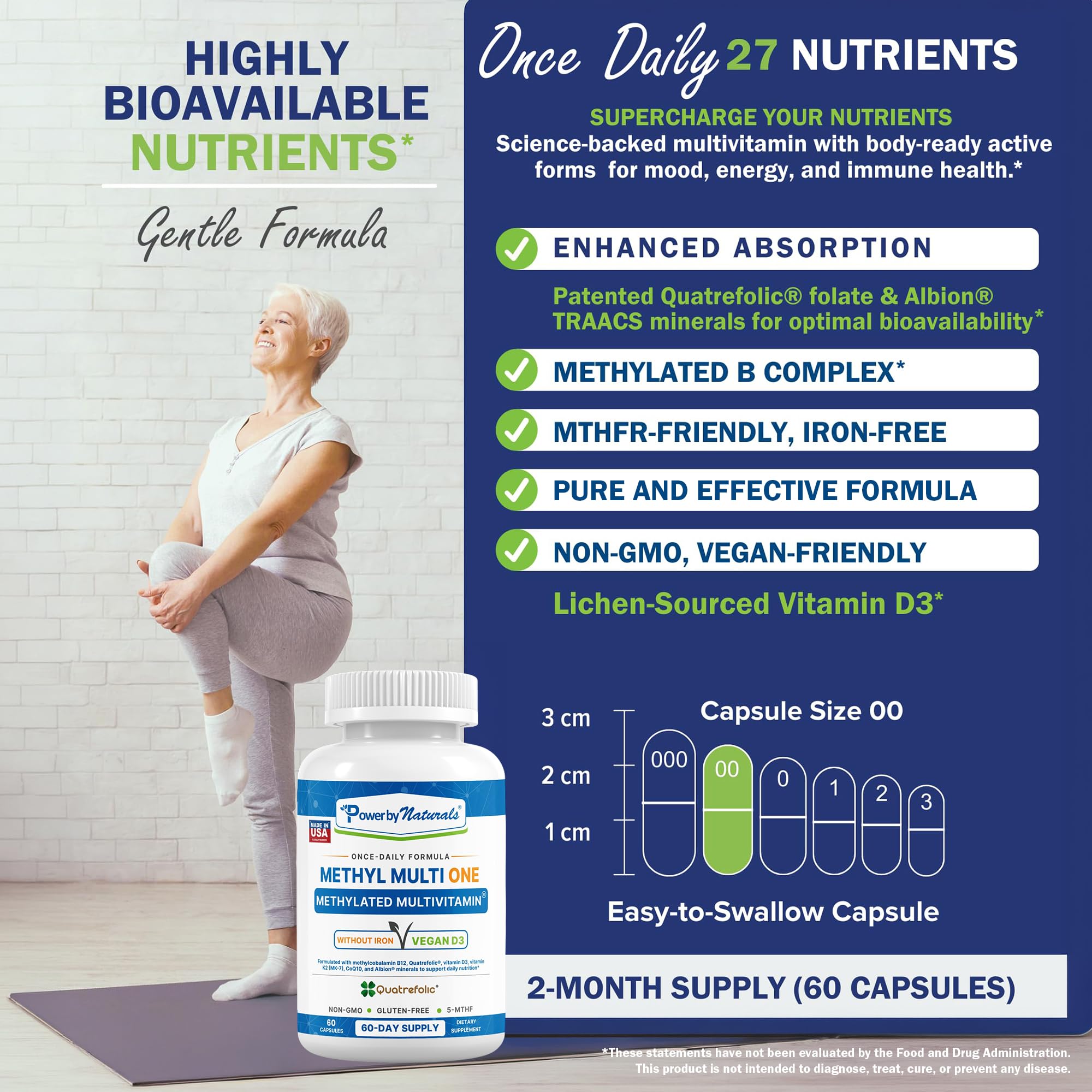 Power By Naturals etiqueta con ingredientes activos como Quatrefolic y metilcobalamina
