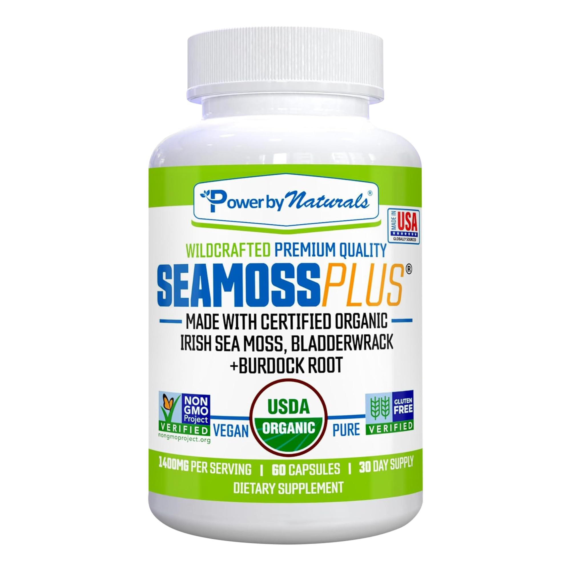 Power By Naturals botella frontal mostrando Sea Moss Plus y beneficios claros