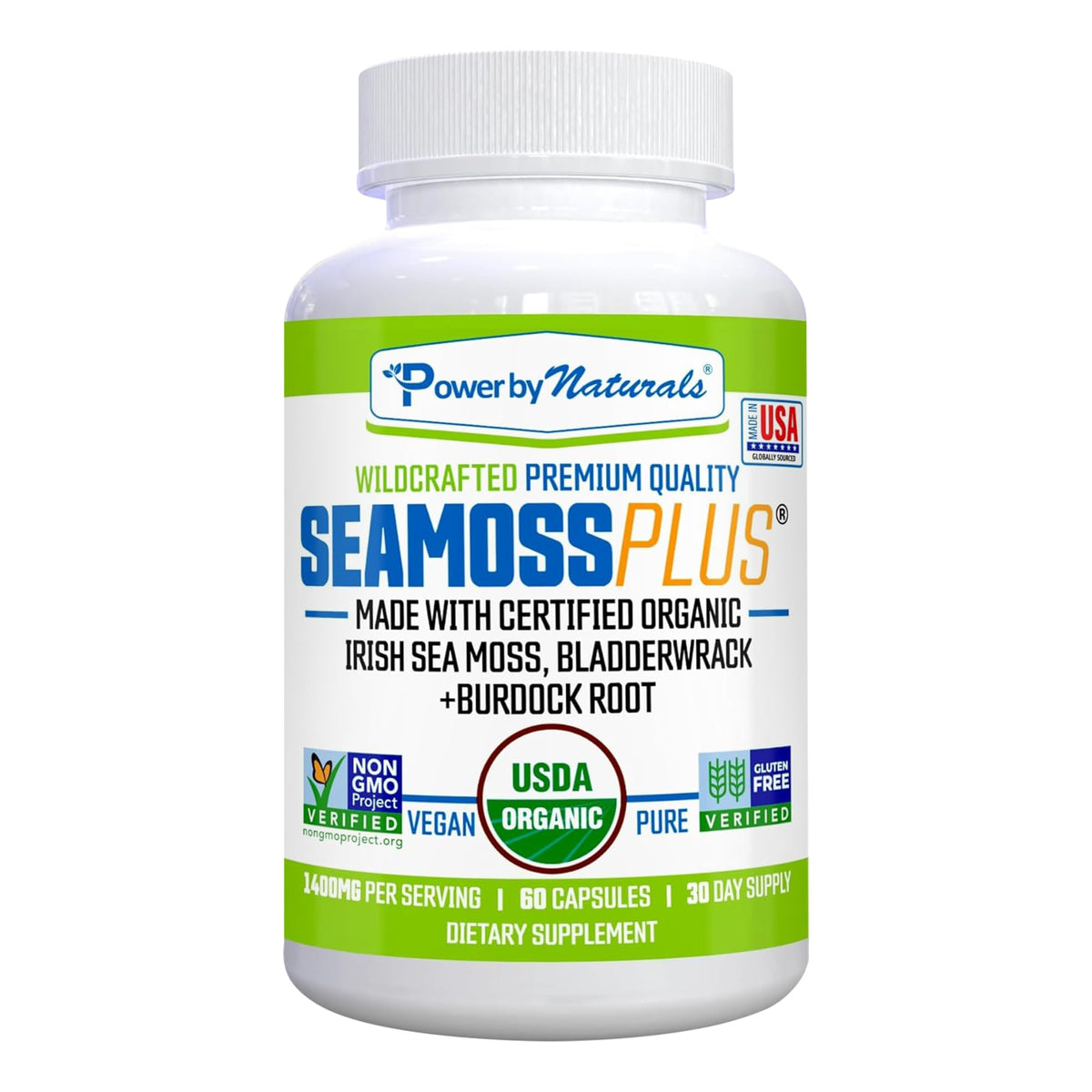 Power By Naturals botella frontal mostrando Sea Moss Plus y beneficios claros