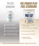 POWER PLAY FUEL primer plano del tarro con etiqueta legible y beneficios