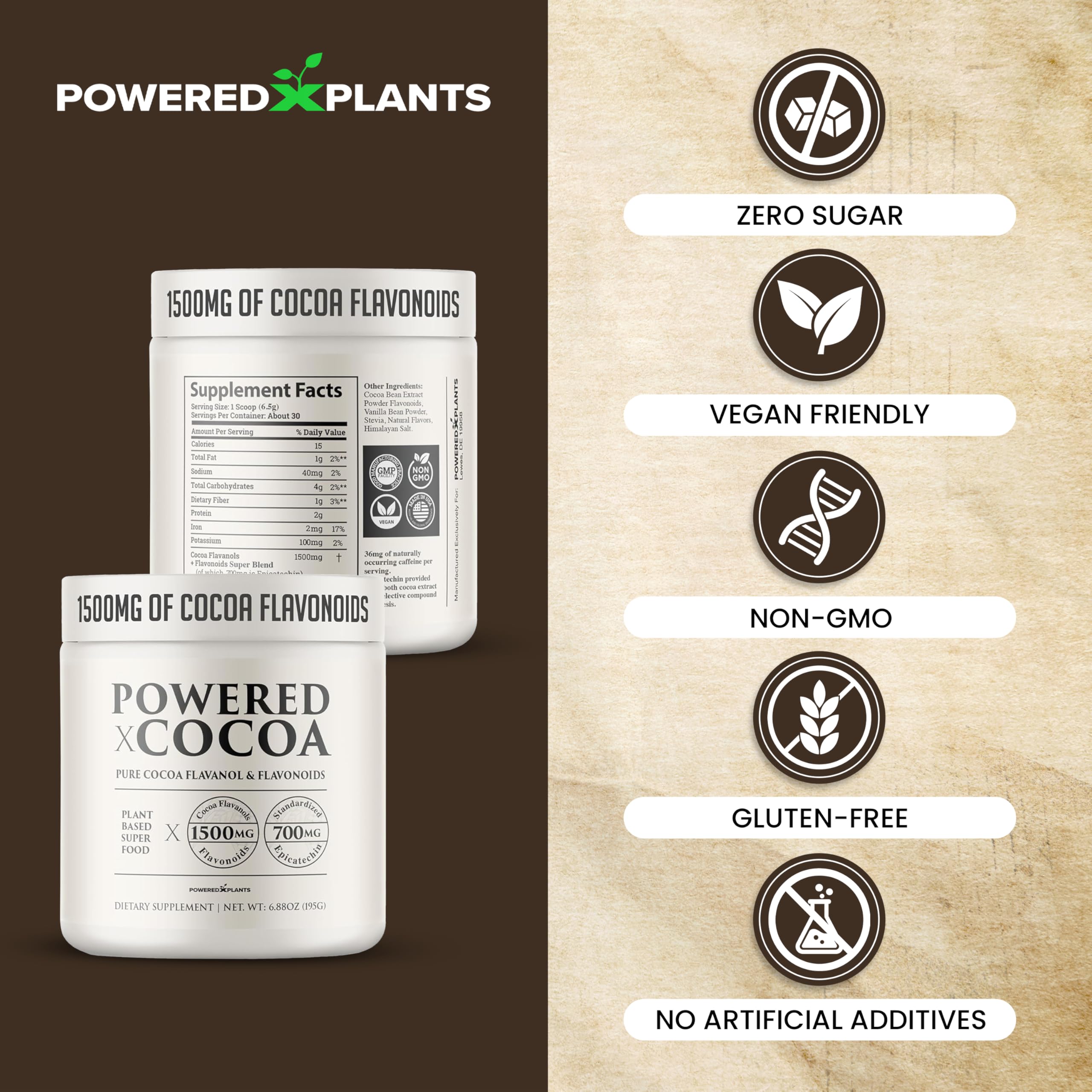 POWERED X PLANTS etiqueta nutricional que muestra cantidades de epicatequina y flavanoles
