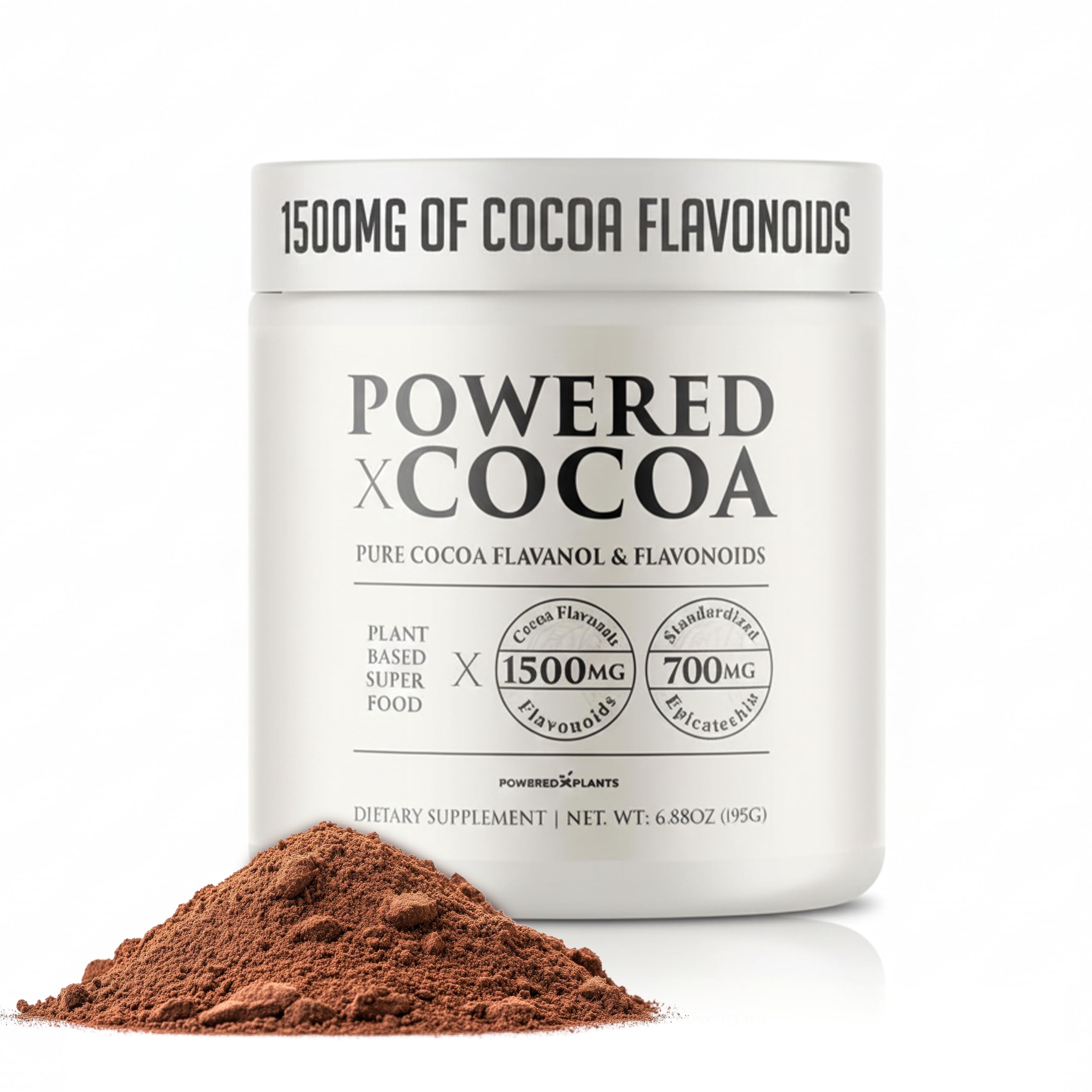 POWERED X PLANTS envase frontal mostrando cacao alto en flavanoles y beneficios