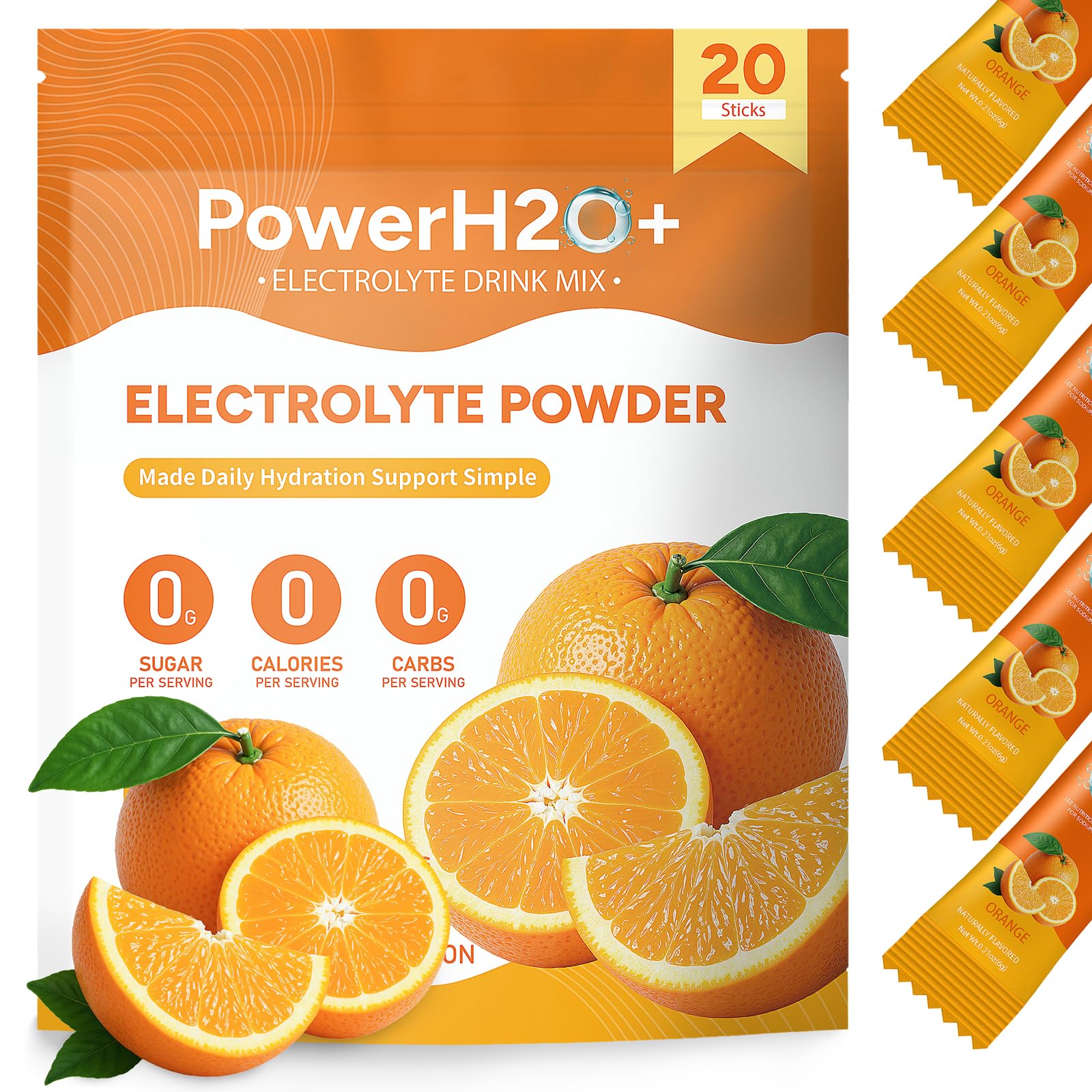 PowerH2O+ frente del empaquetado mostrando 20 sobres y cinco sabores, práctica portabilidad
