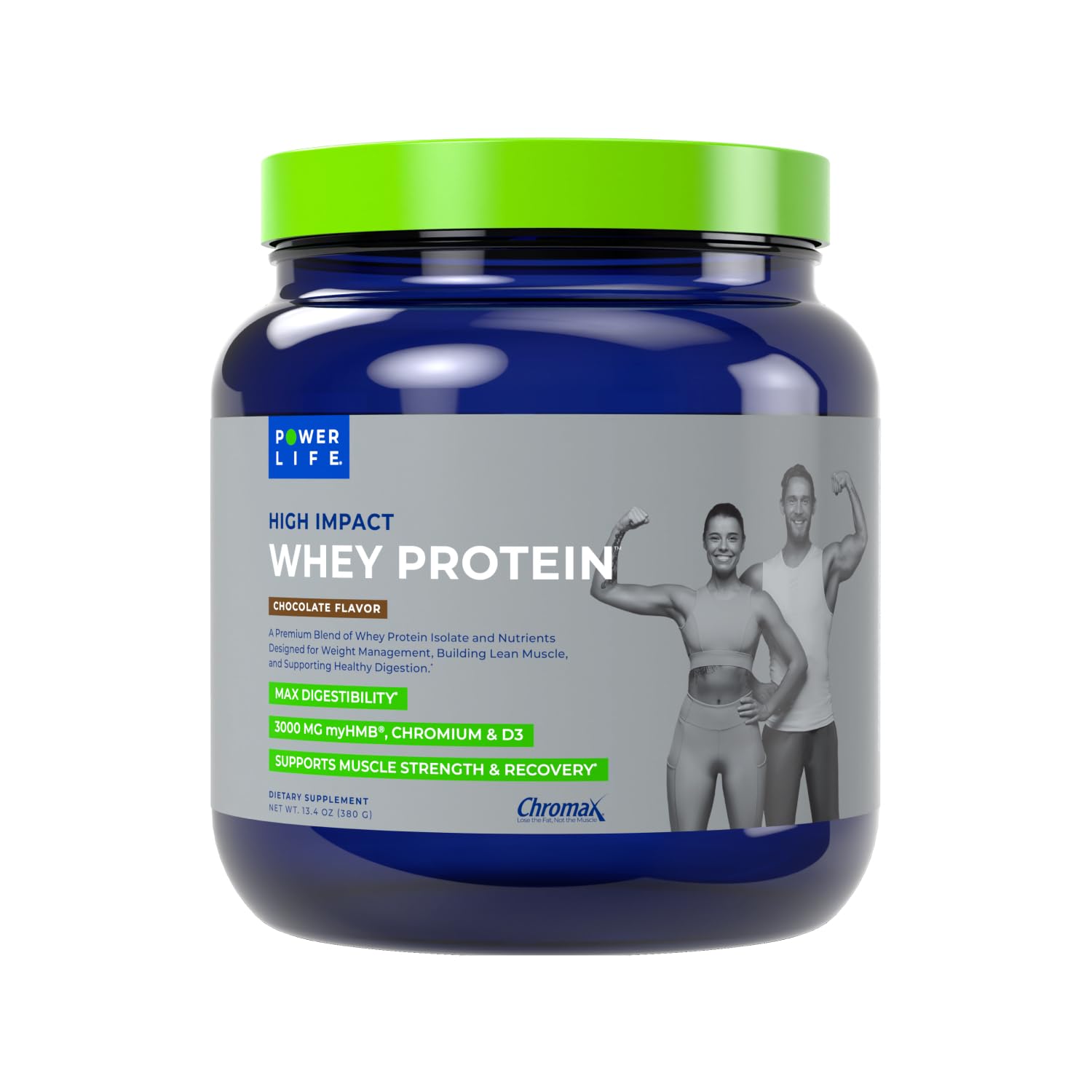POWERLIFE envase frontal sabor chocolate mostrando diseño y porciones
