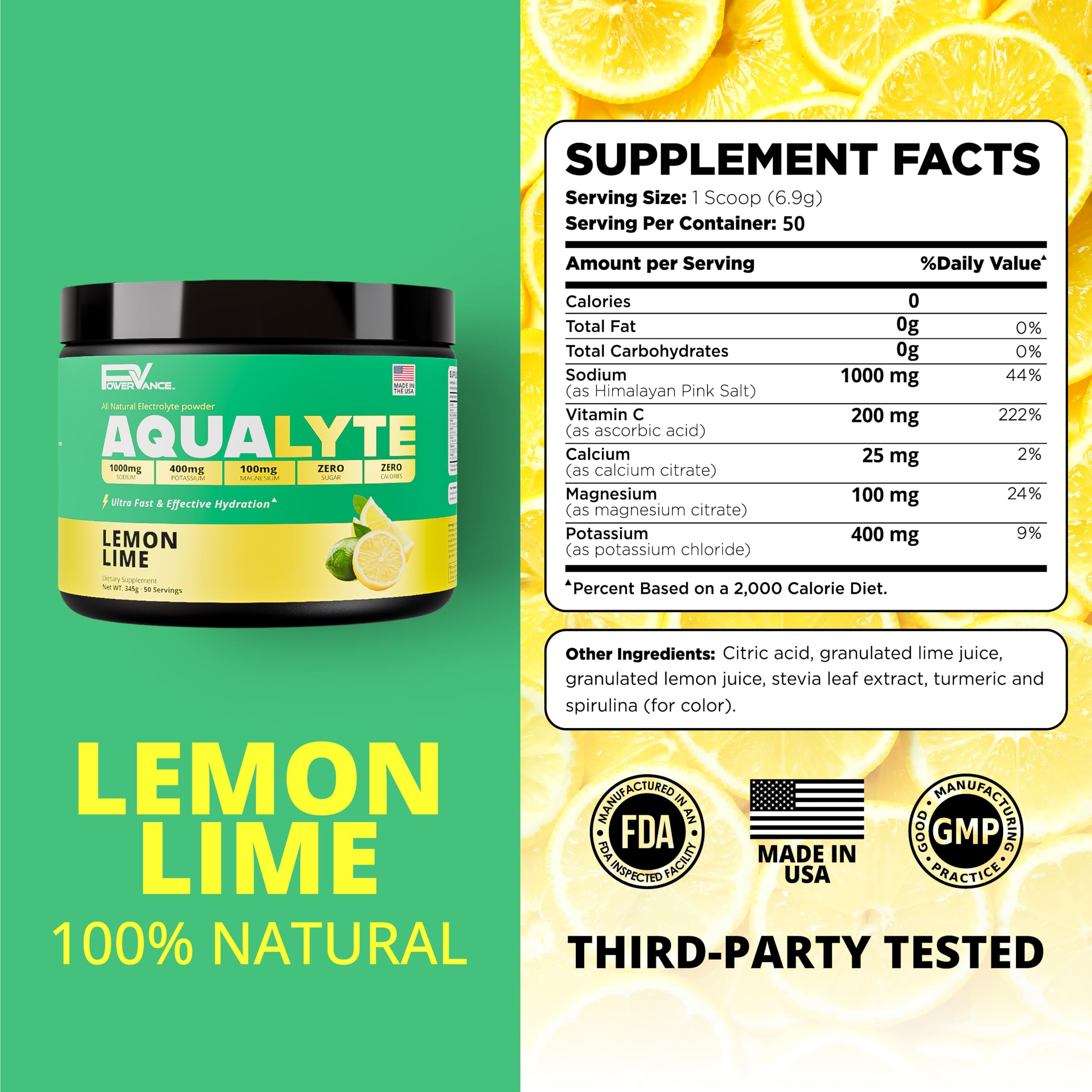 POWERVANCE vaso con bebida limón-lima listo para beber y refrescar
