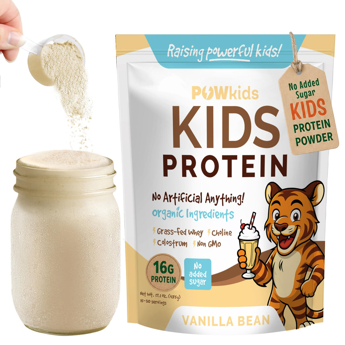 POWkids frente del envase mostrando sabor vainilla y beneficios nutricionales