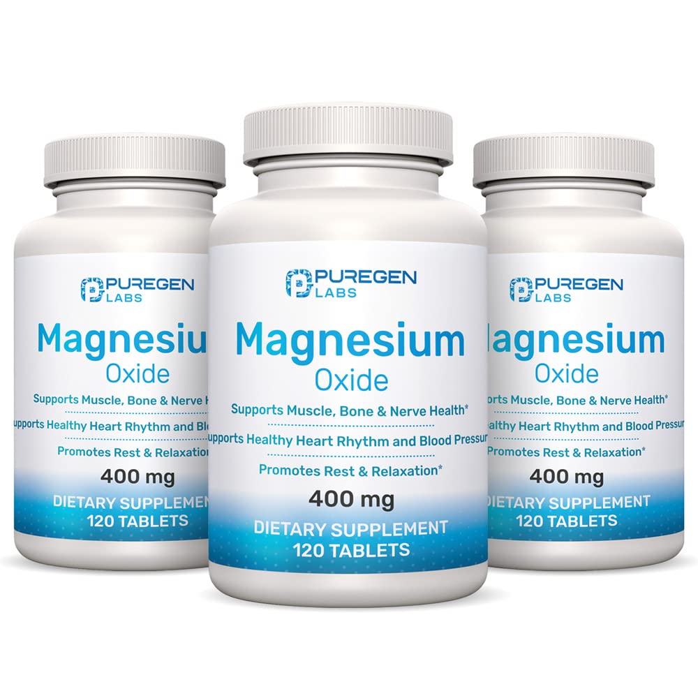 P Puregen Labs frasco delantero mostrando magnesio 400 mg y ventaja de suministro