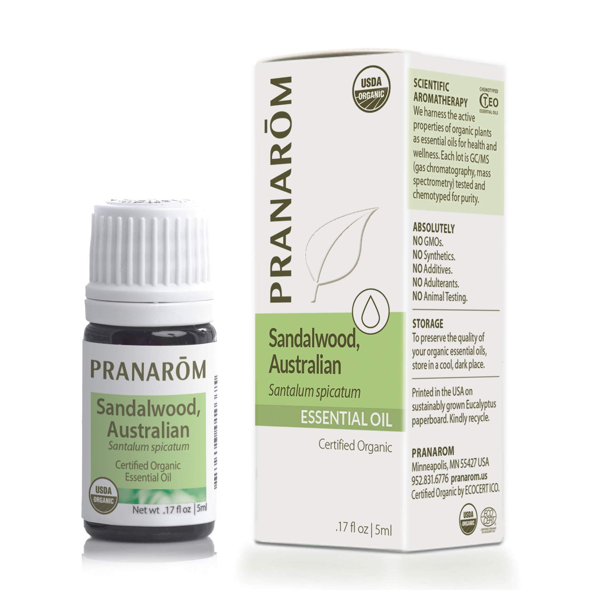 Pranarom frasco de sándalo australiano mostrando etiqueta y protección UV