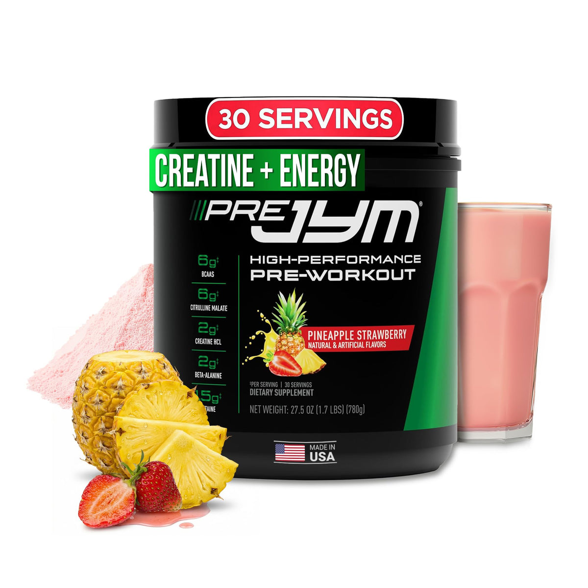 JYM Supplement Science envase frontal mostrando sabor piña-fresa y beneficio energético