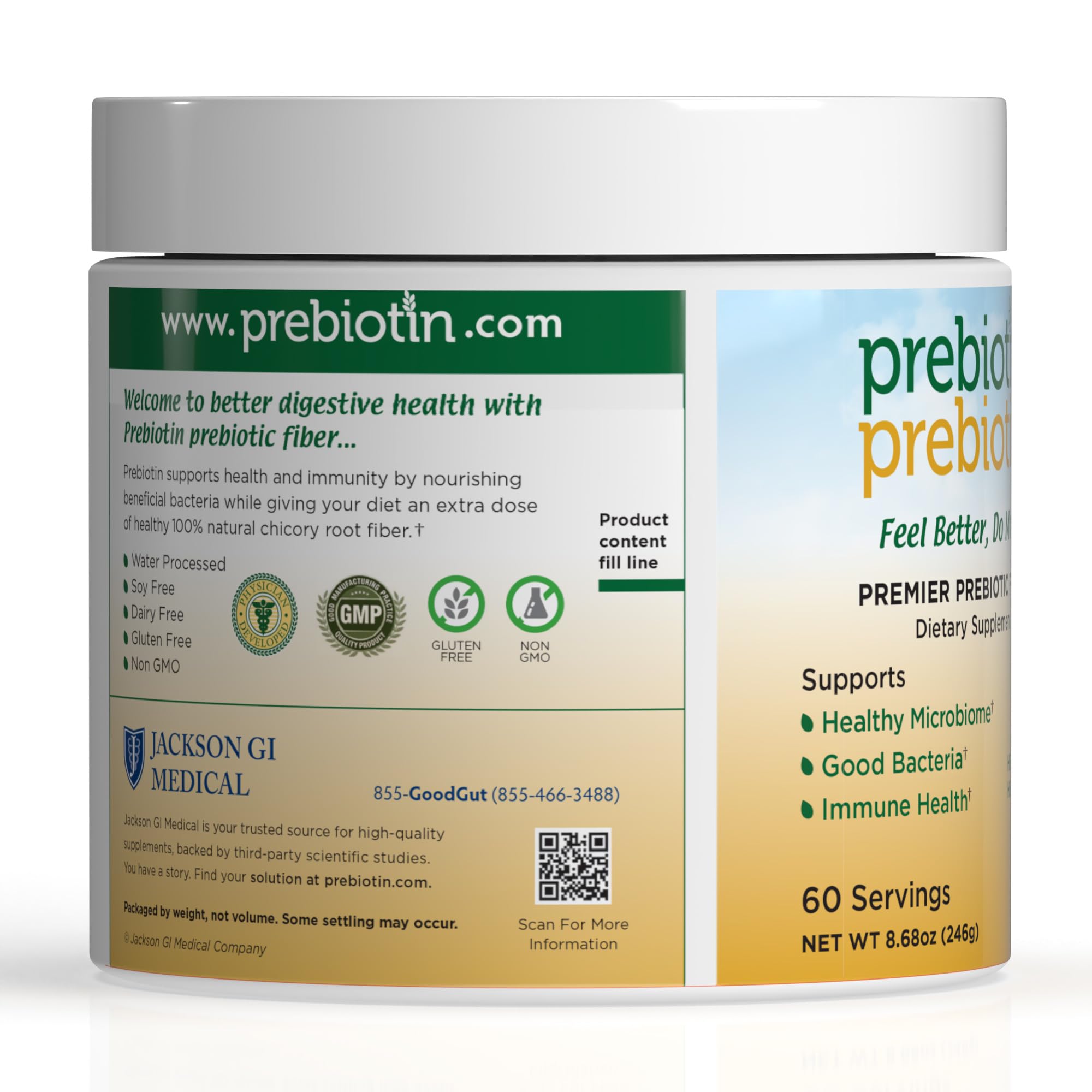 Prebiotin polvo mezclado en vaso transparente, mezcla clara y sin sabor