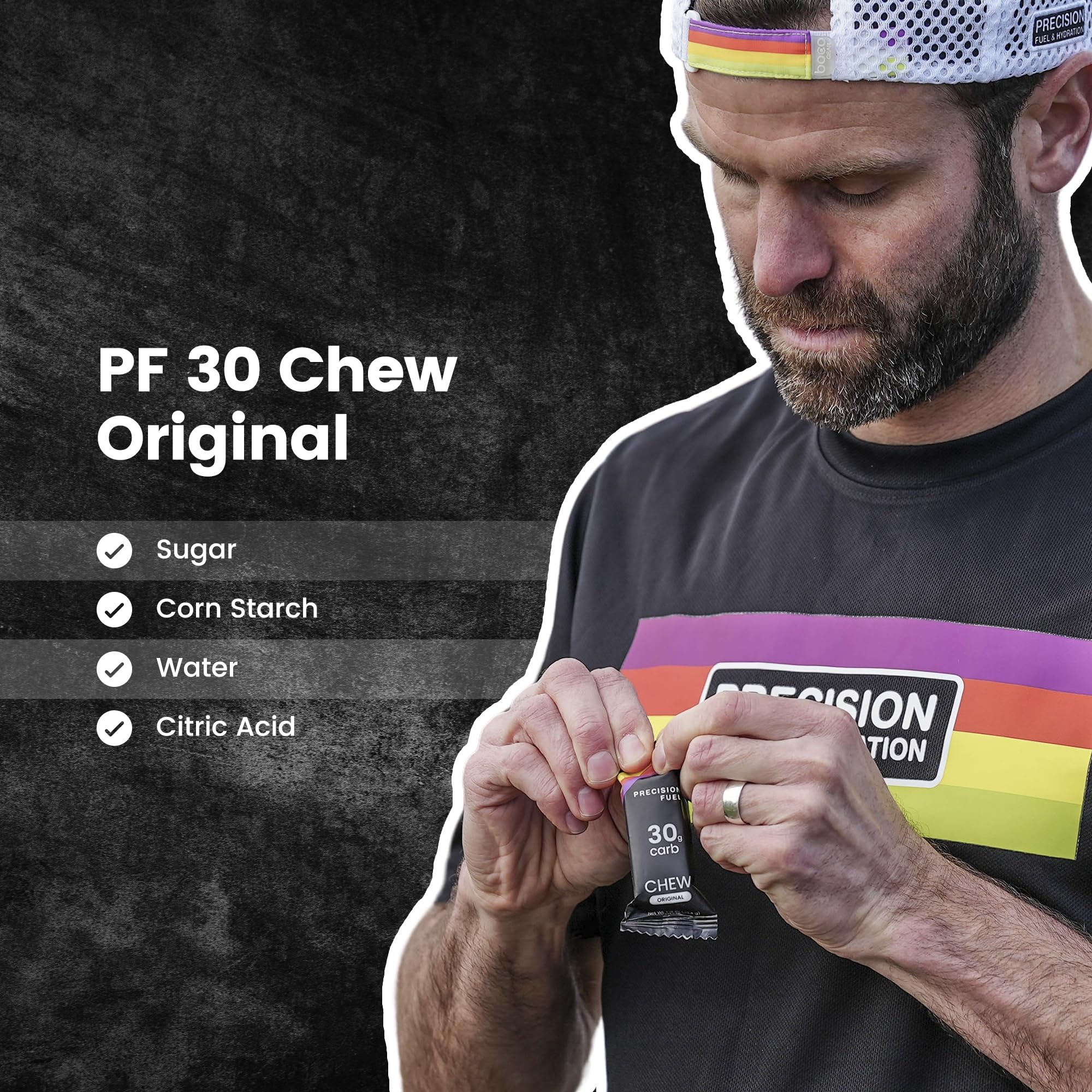 Precision Hydration chew en la mano para comparar tamaño y portabilidad en entrenamientos largos