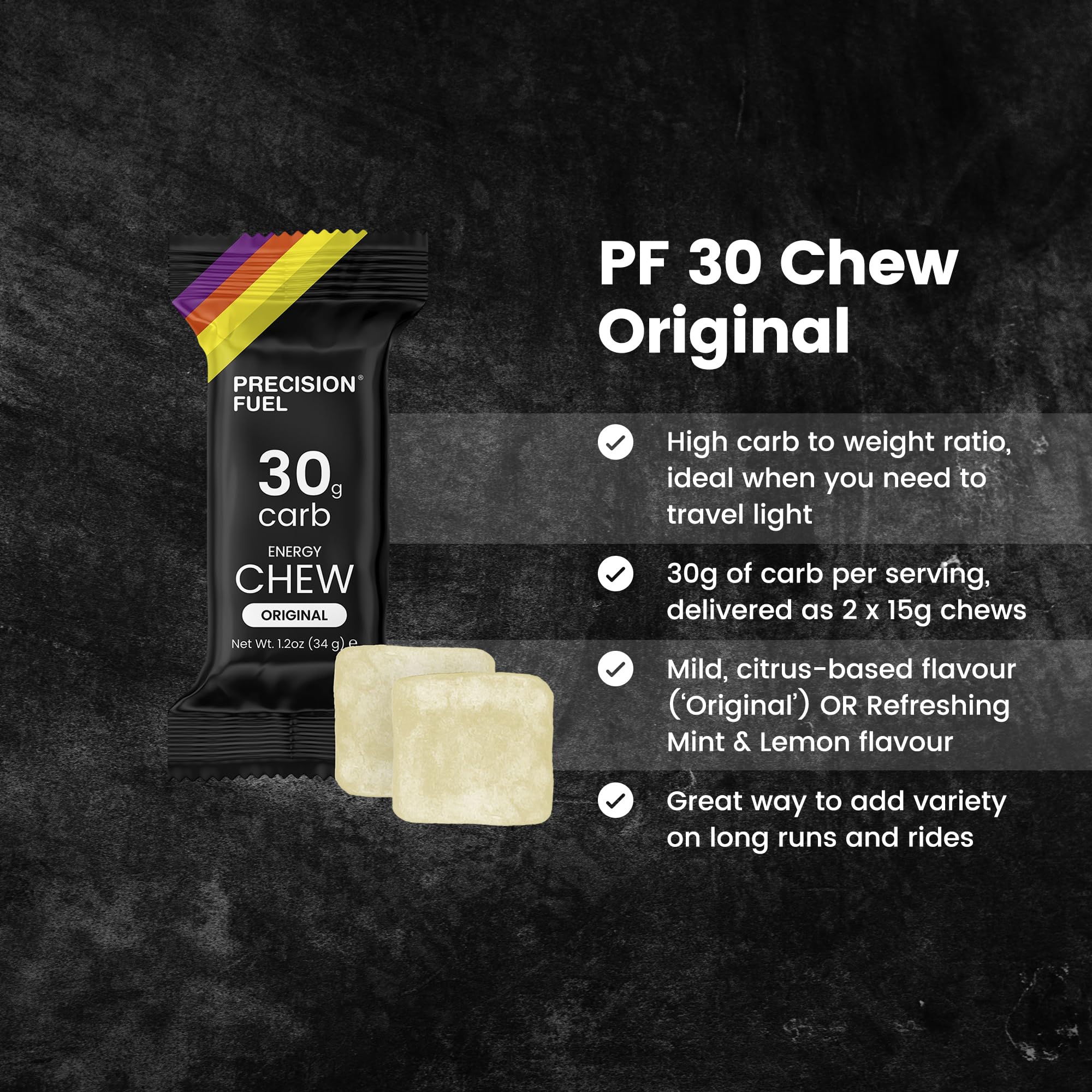 Precision Hydration primer plano de textura de chew que muestra aspecto masticable y fácil consumo