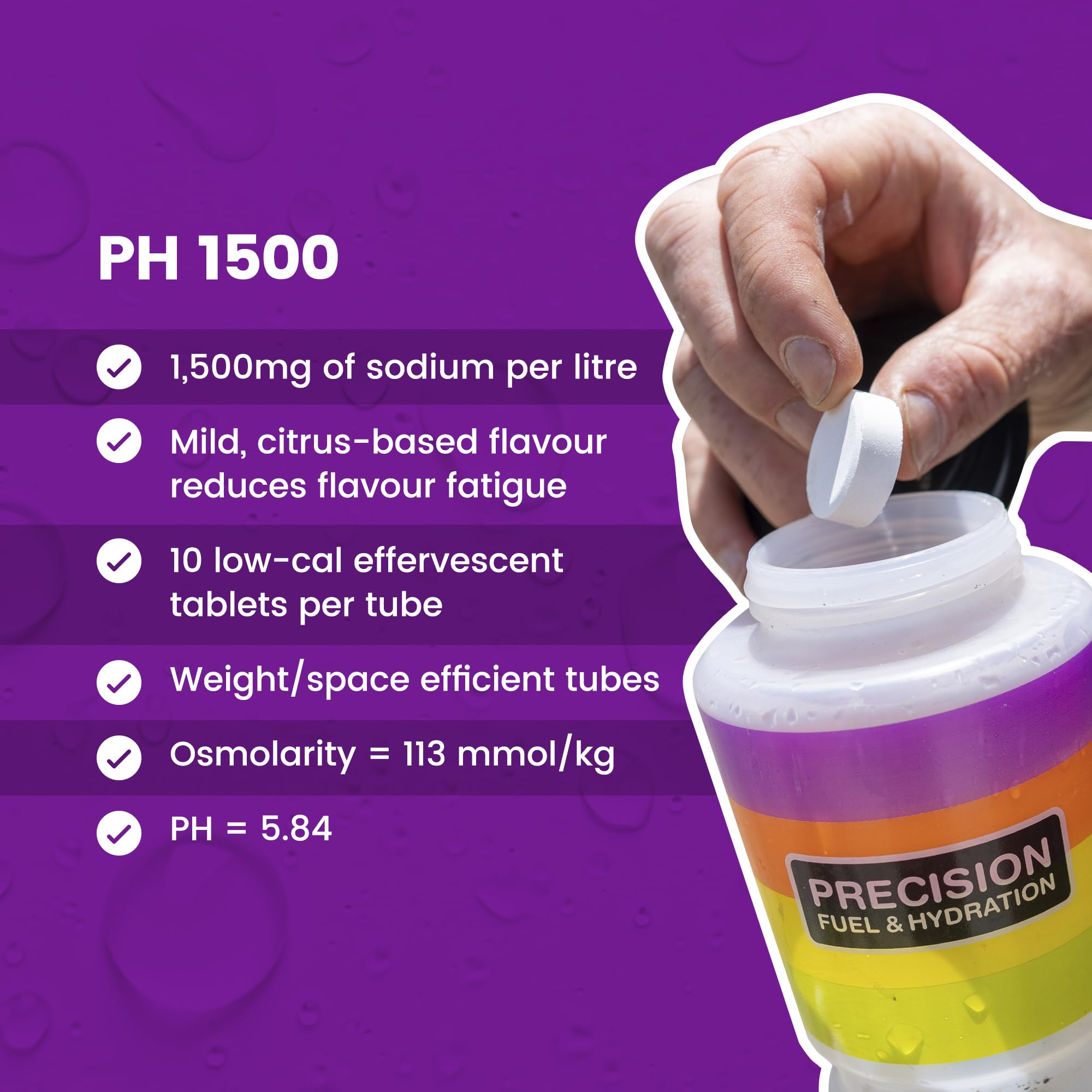 Vaso con tabletas Precision Hydration disolviéndose, hidratación instantánea y clara