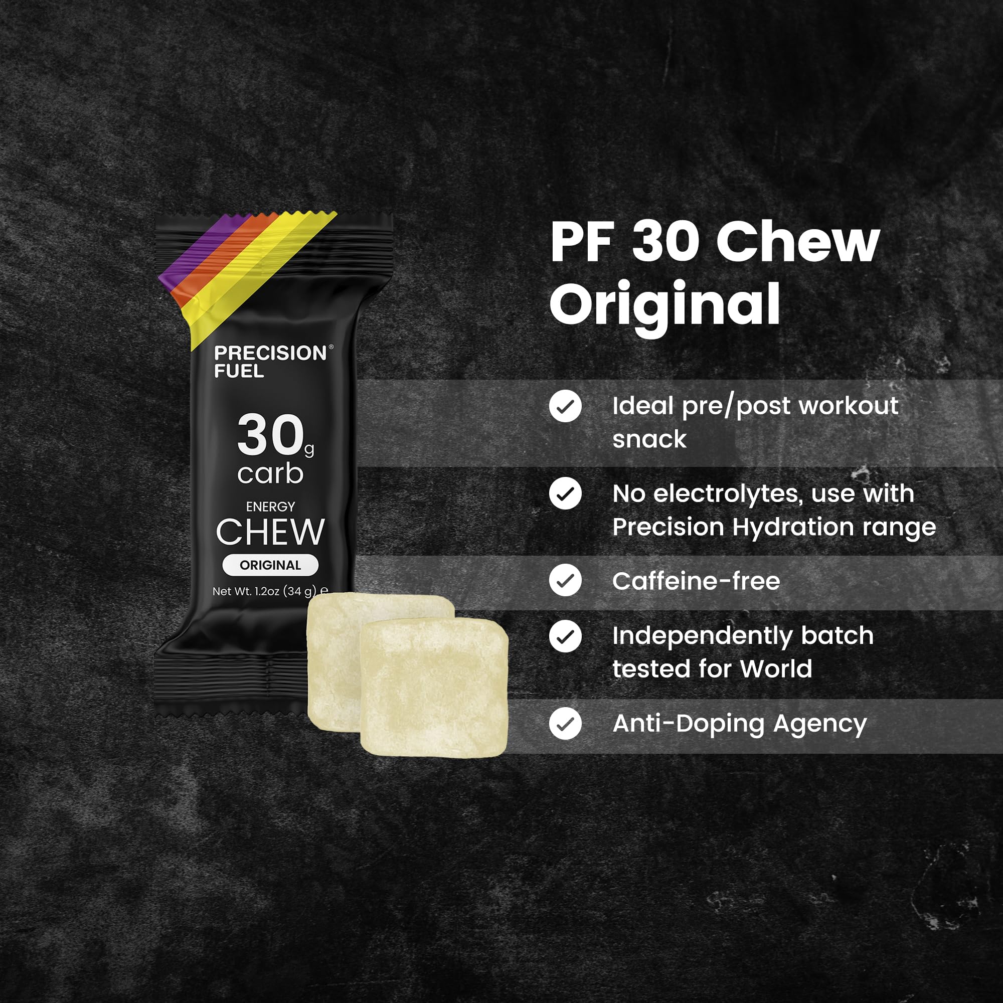 Precision Hydration atleta masticando PF30 Chew durante carrera, aporta energía sin interrumpir ritmo