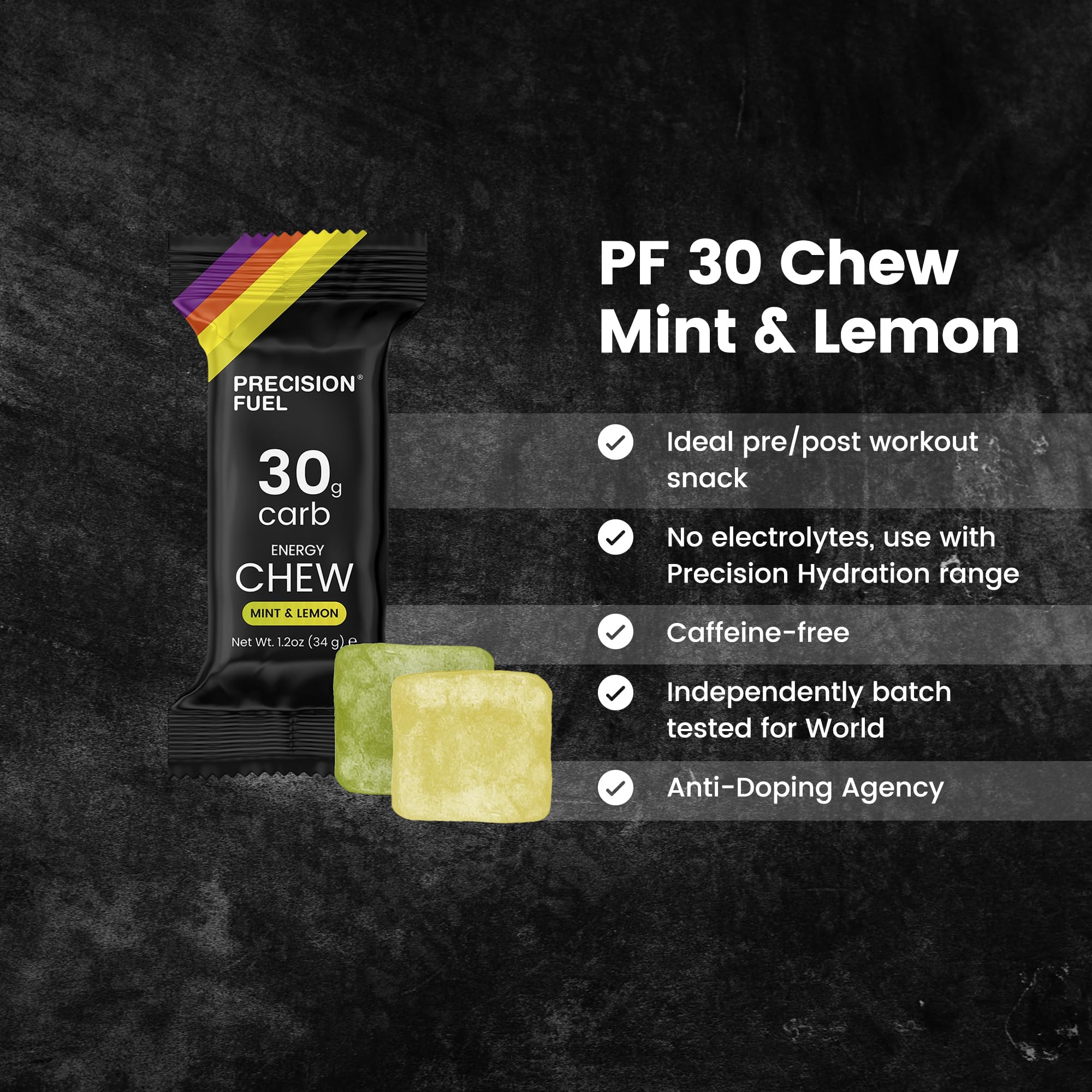Atleta corriendo consumiendo PF30 Chew Precision Hydration para energía durante la carrera