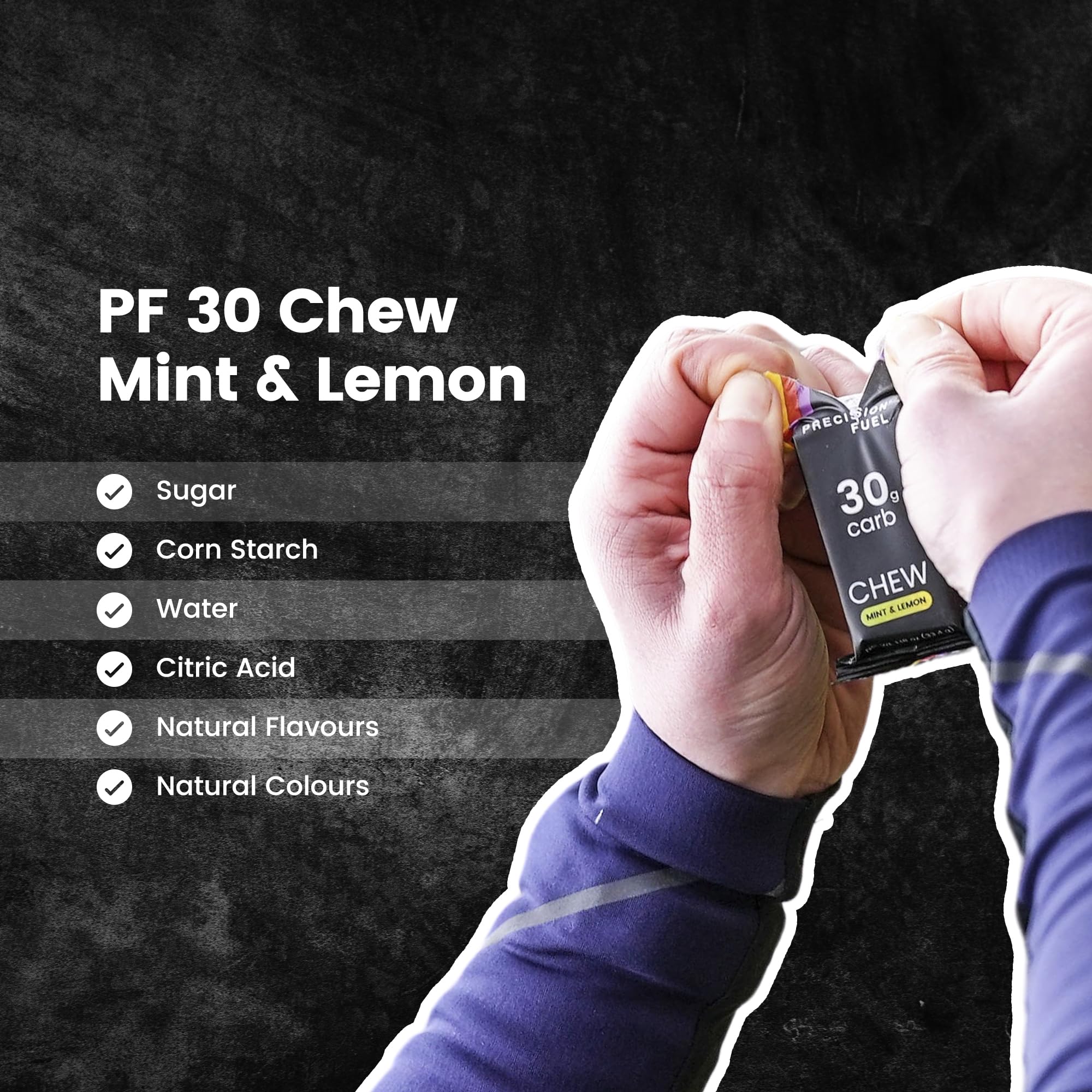 Detalle de etiqueta PF30 Chew Precision Hydration mostrando 30 g de carbohidratos por paquete