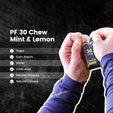 Detalle de etiqueta PF30 Chew Precision Hydration mostrando 30 g de carbohidratos por paquete