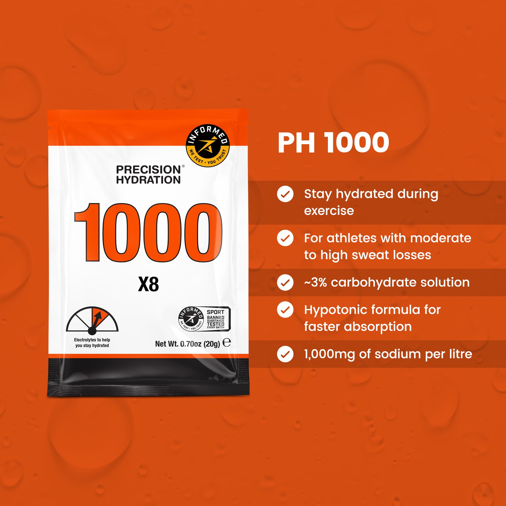 Precision Hydration sobre abierto con polvo naranja, mezcla simple y portátil