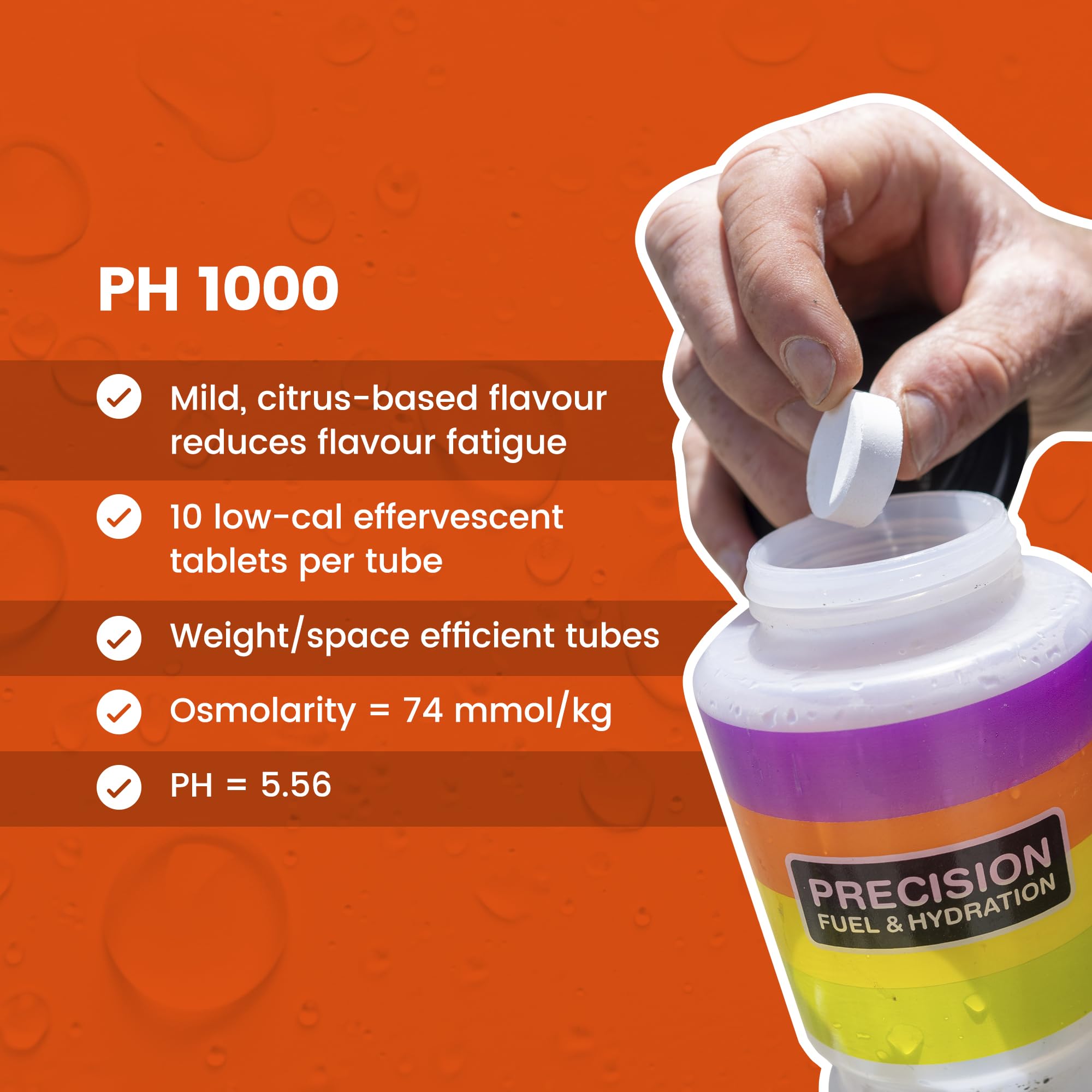 Precision Hydration tableta disolviéndose en vaso, demostrando preparación rápida y bebida lista