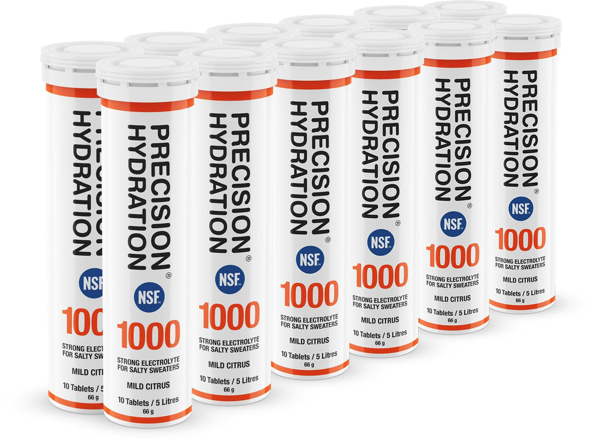 Precision Hydration tubo naranja frontal mostrando la marca y concentración 1000mg/L, práctico para llevar