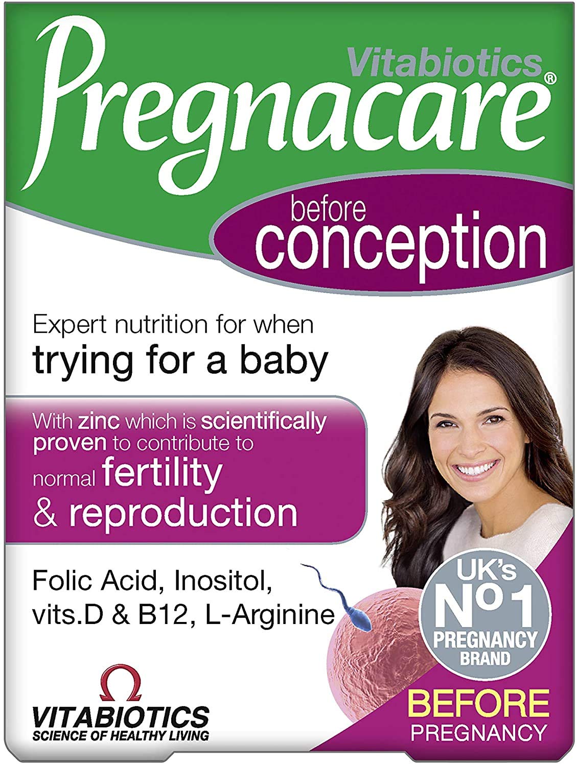 Pregnacare envase frontal mostrando información clara y confianza en la formulación