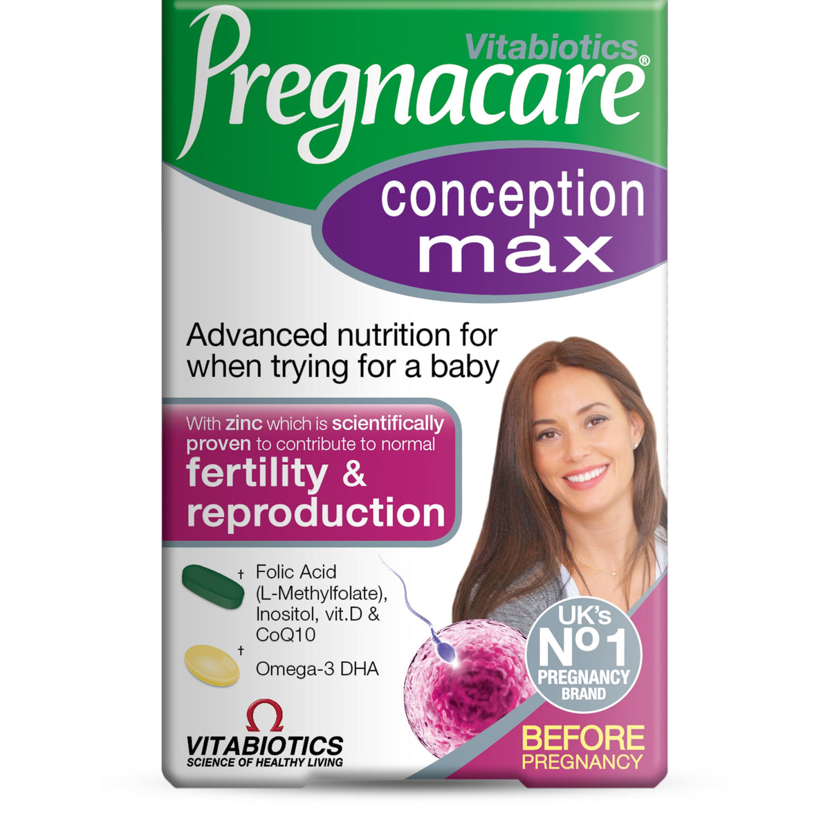 Pregnacare Conception Max vista frontal con etiqueta y beneficios clave visibles