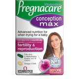 Pregnacare Conception Max vista frontal con etiqueta y beneficios clave visibles