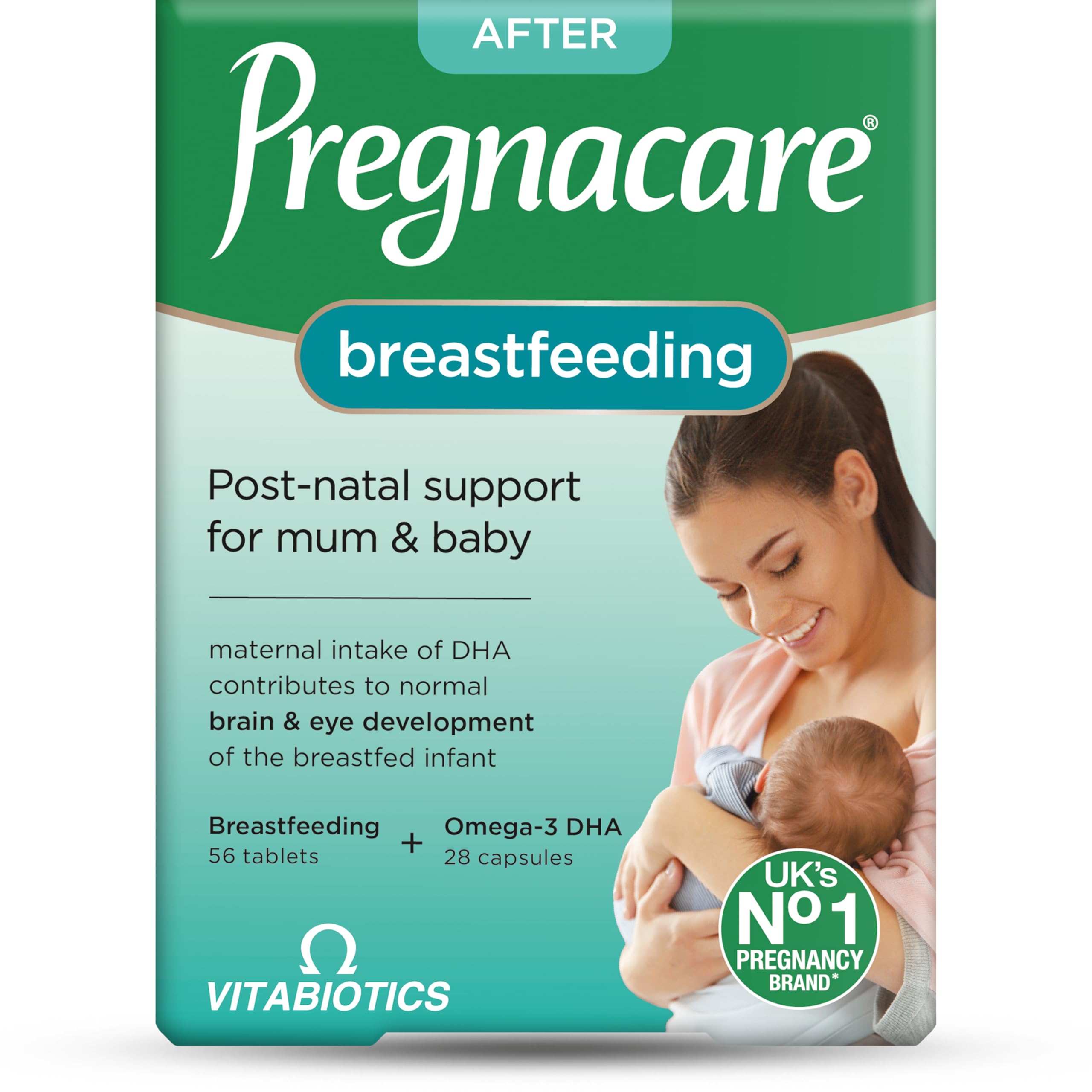 Pregnacare envase frontal mostrando 84 comprimidos, apoyo posnatal claro
