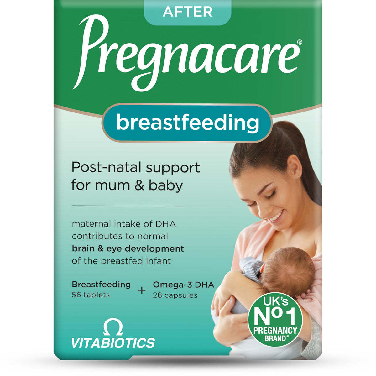 Pregnacare envase frontal mostrando 84 comprimidos, apoyo posnatal claro