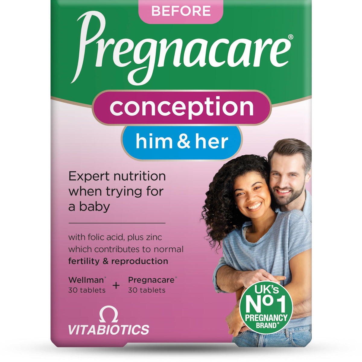 Pregnacare pack frontal mostrando ambos envases y conveniencia diaria