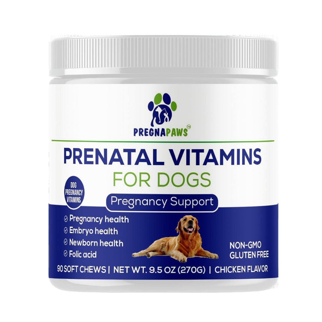 PREGNAPAWS frente del empaque mostrando 90 masticables y beneficios