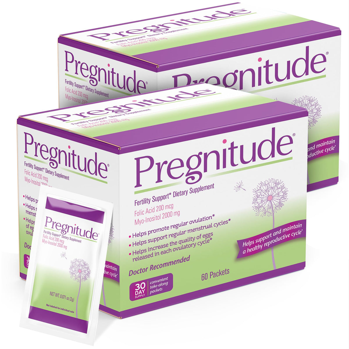 Pregnitude frente del empaque mostrando 120 sobres y ventaja de conveniencia