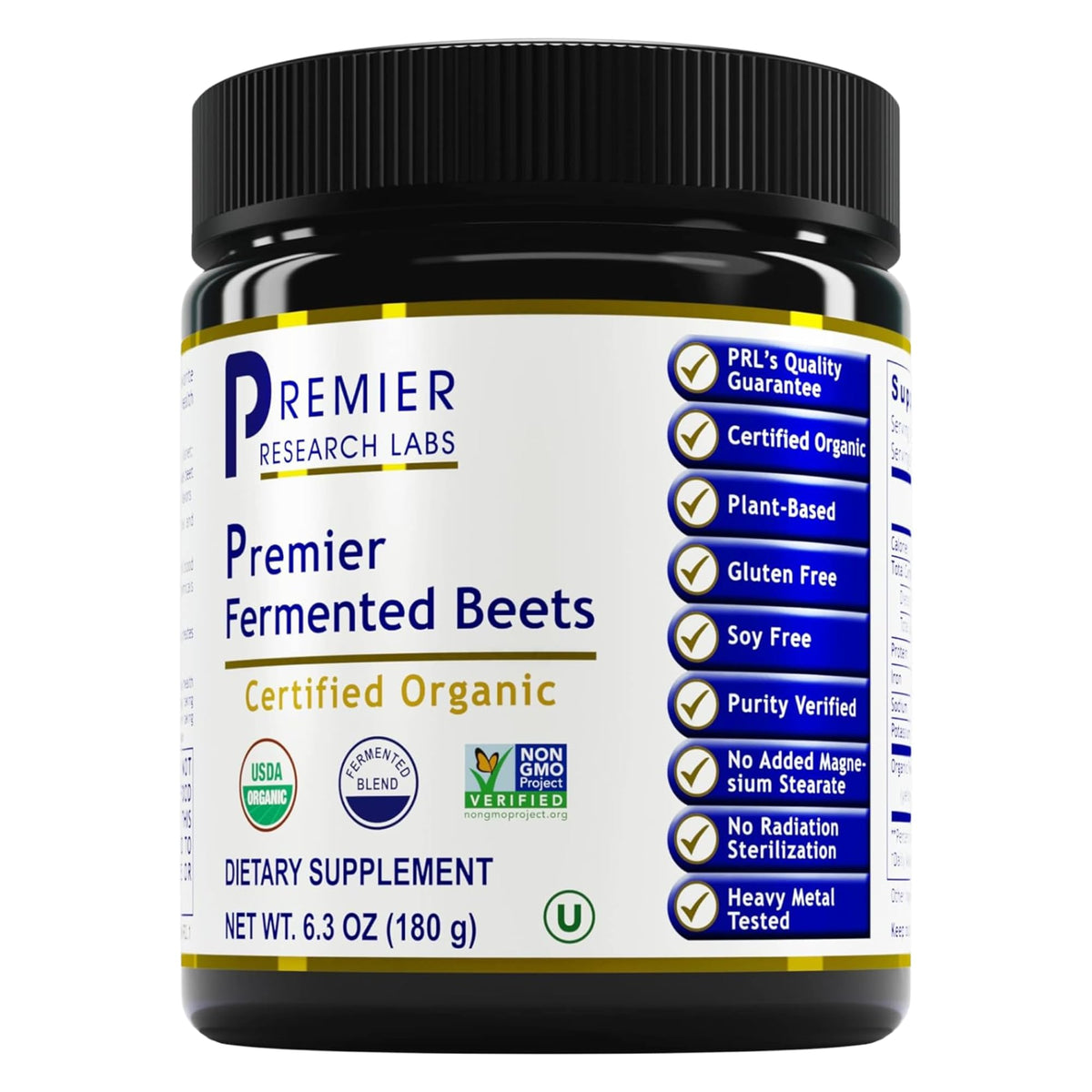 Premier Research Labs frasco delantero de Premier Fermented Beets mostrando el envase orgánico