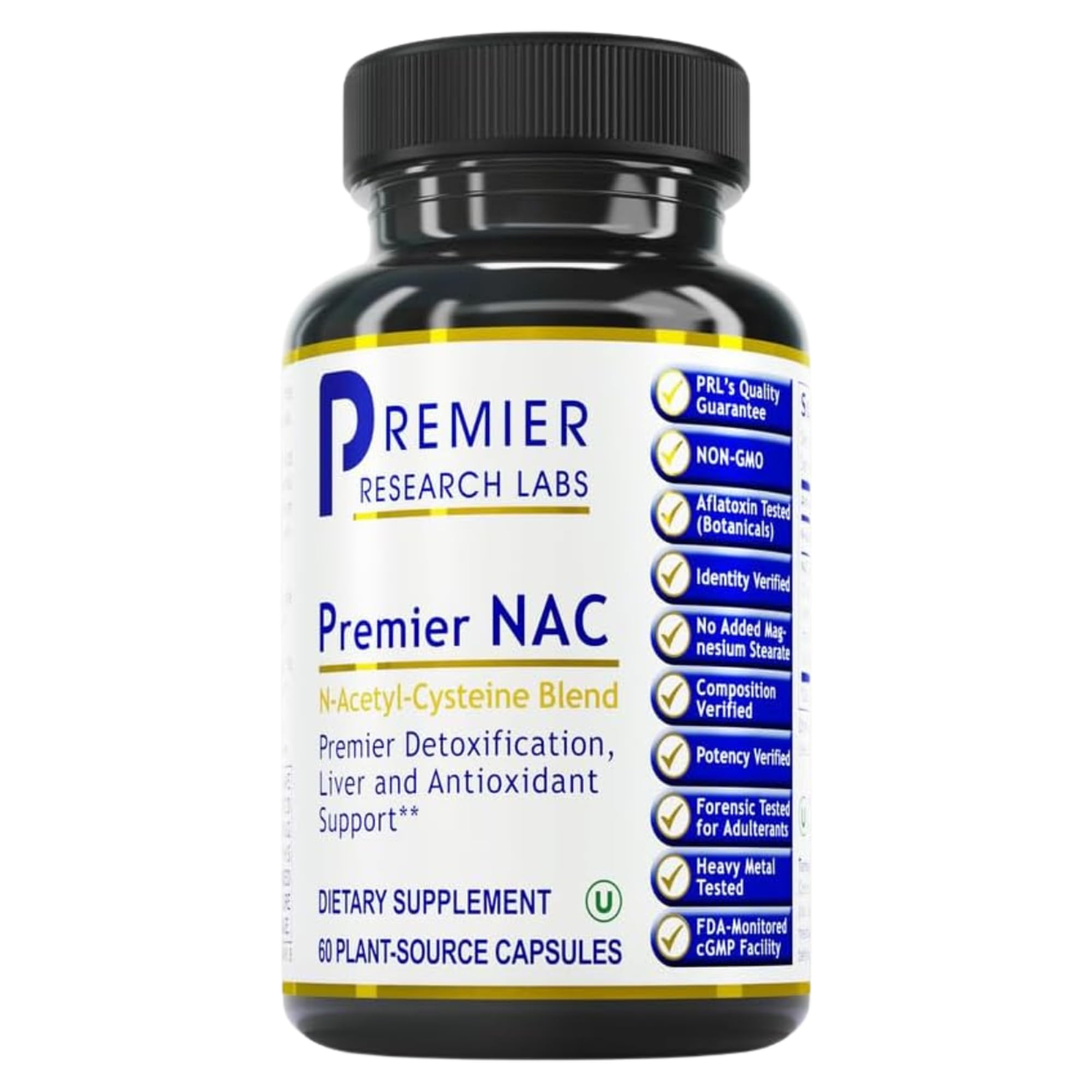 Premier Research Labs envase frontal mostrando cápsulas y dosificación como beneficio