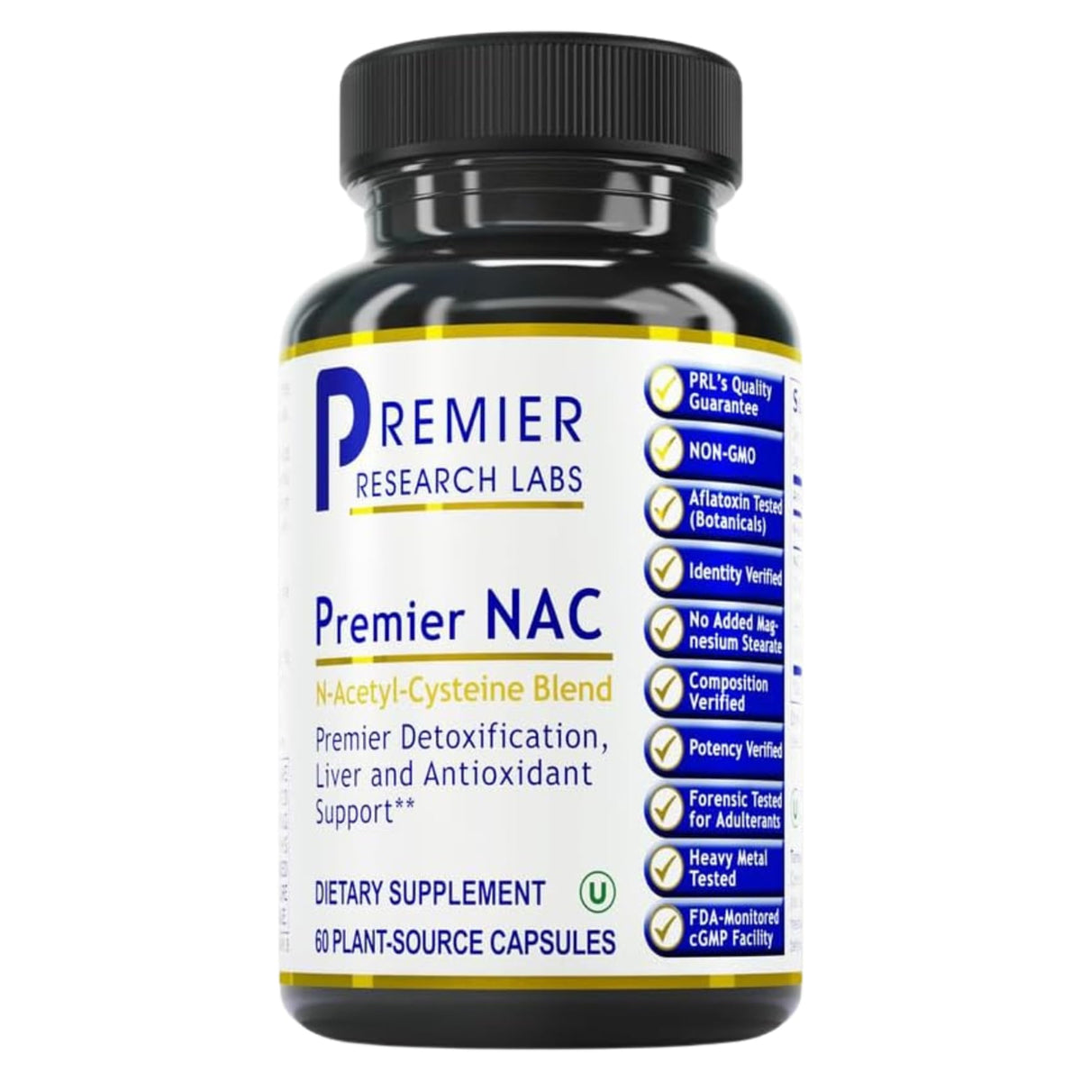 Premier Research Labs envase frontal mostrando cápsulas y dosificación como beneficio