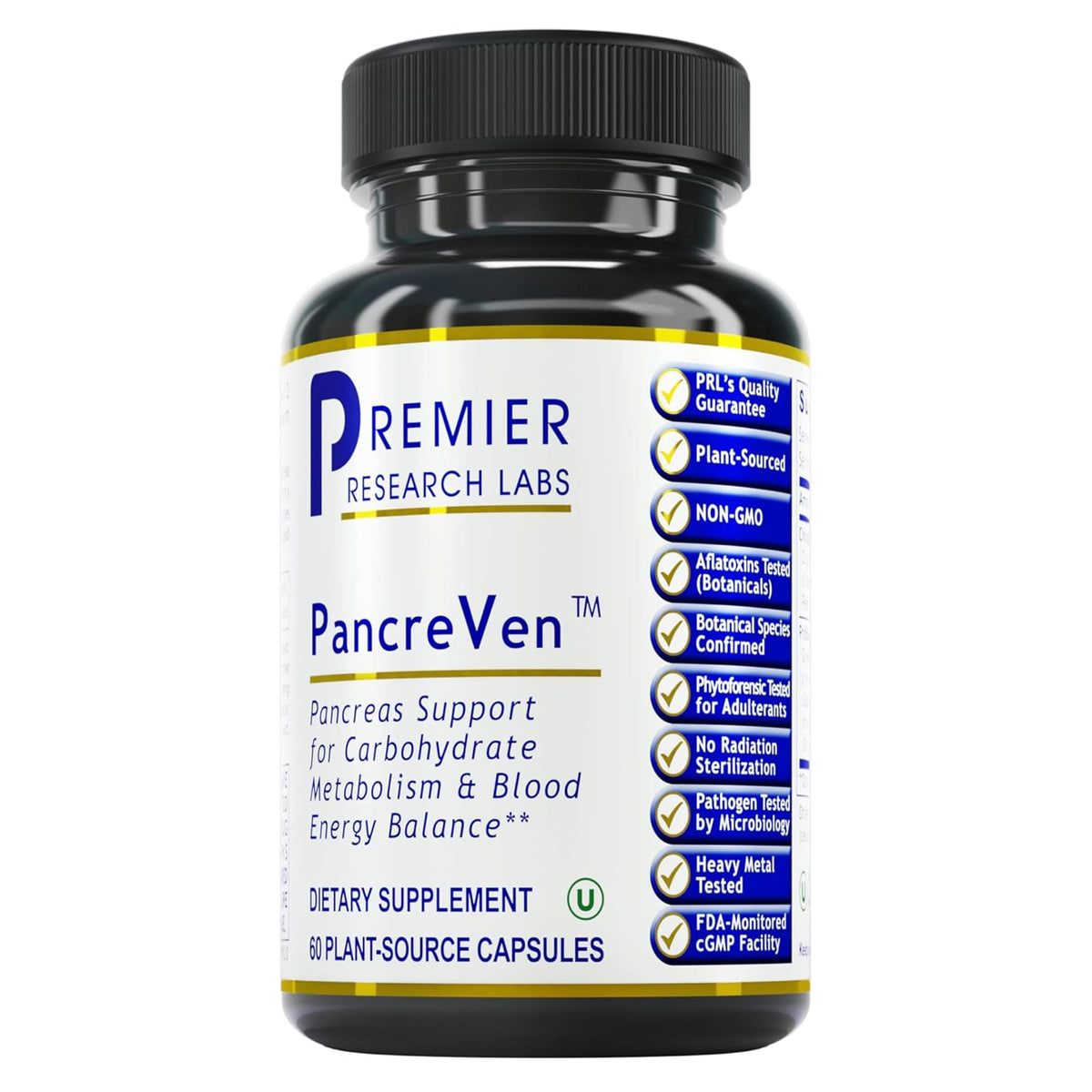 Premier Research Labs frasco frontal mostrando PancreVen y etiqueta clara