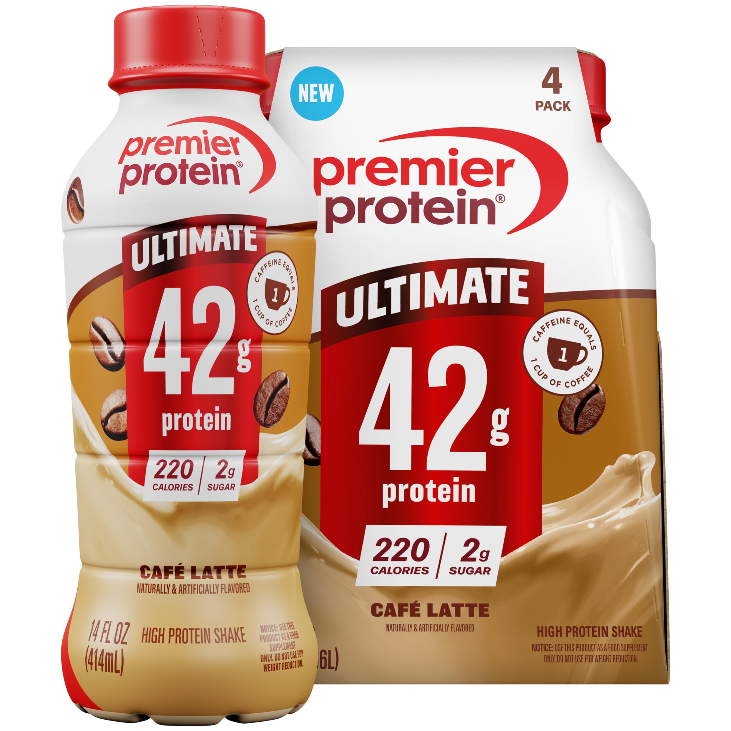 Premier Protein botella de frente mostrando diseño y etiqueta, beneficio: alta proteína