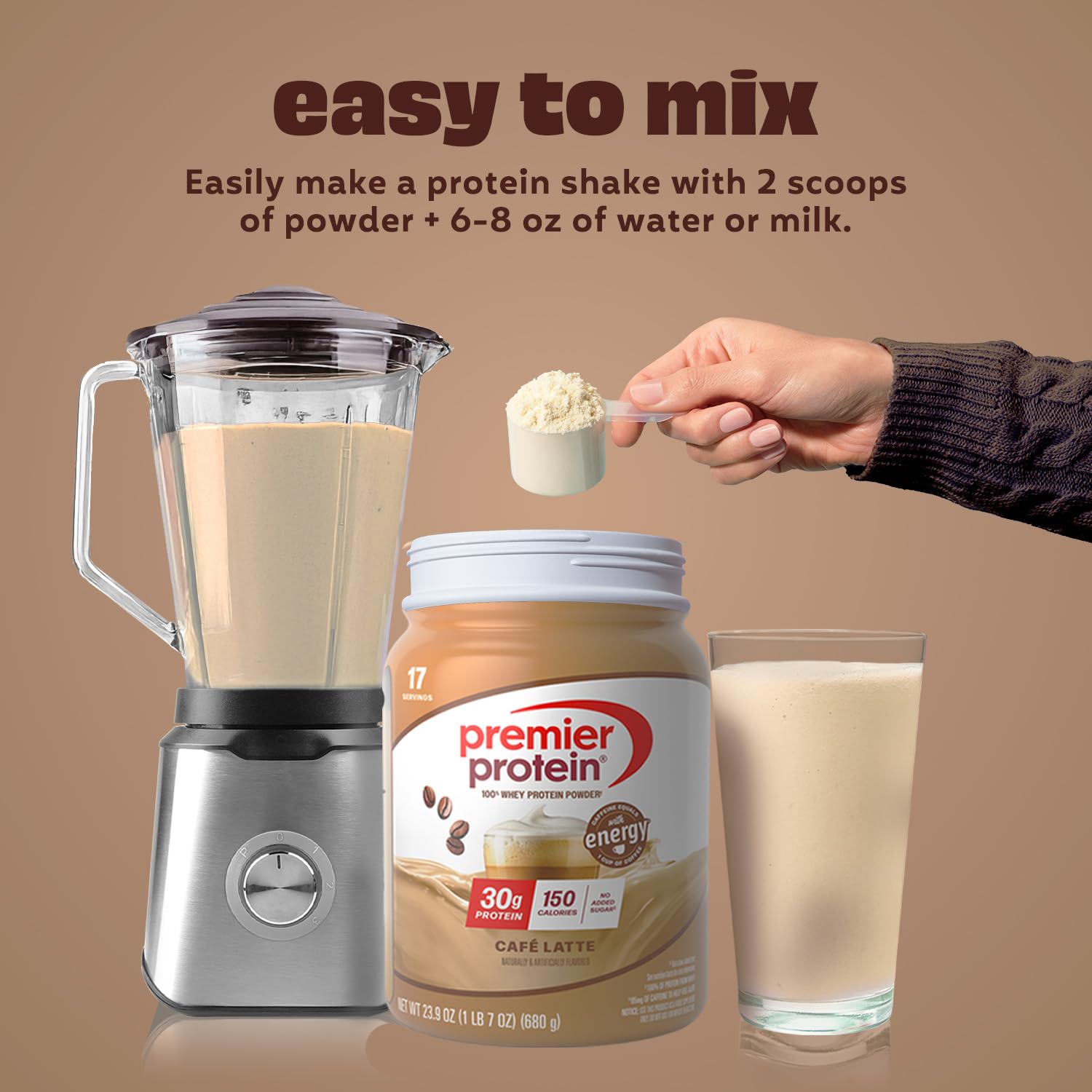 Premier Protein batido café latte servido en vaso, práctico y energizante