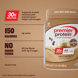 Premier Protein textura en polvo en primer plano, mezcla rápida y cremosa
