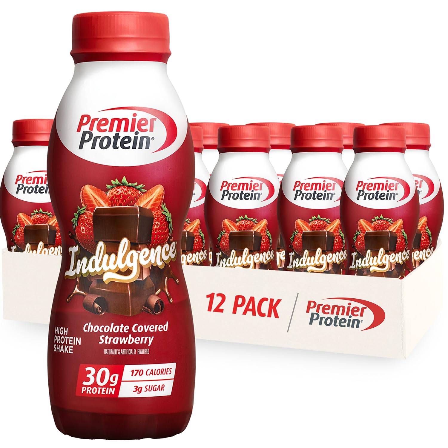 Premier Protein frontal del envase Chocolate Covered Strawberry mostrando diseño y tamaño, práctico para llevar