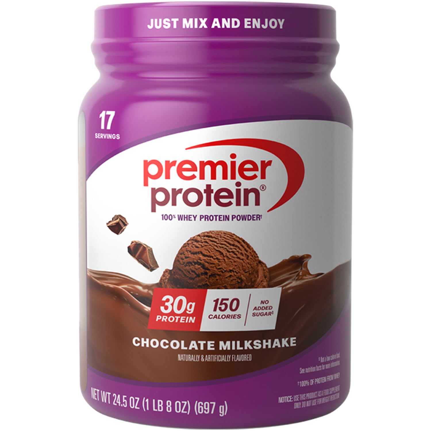 Premier Protein bote frontal mostrando sabor chocolate y beneficios altos en proteína