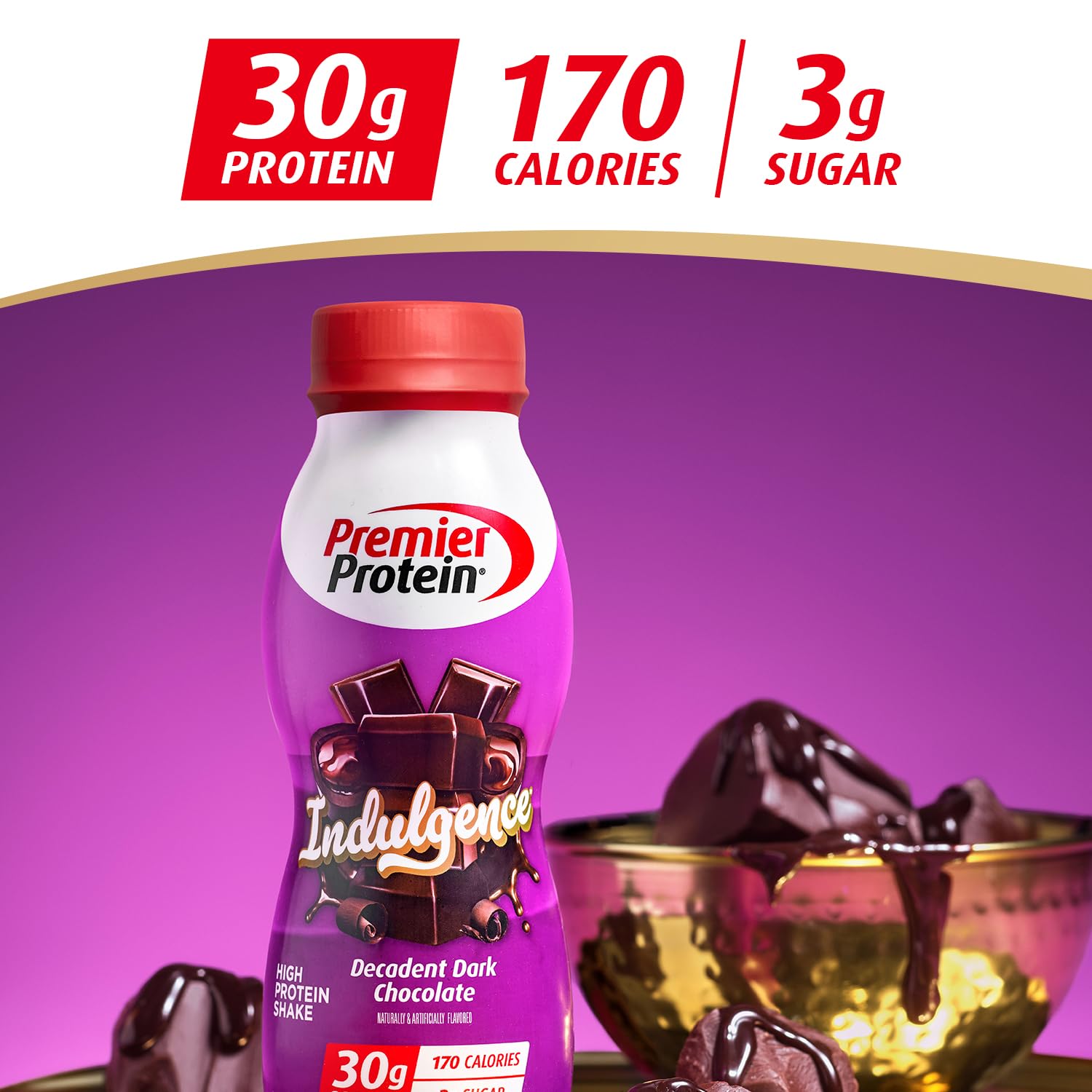Premier Protein comparación de tamaño en manos para mostrar porción portátil